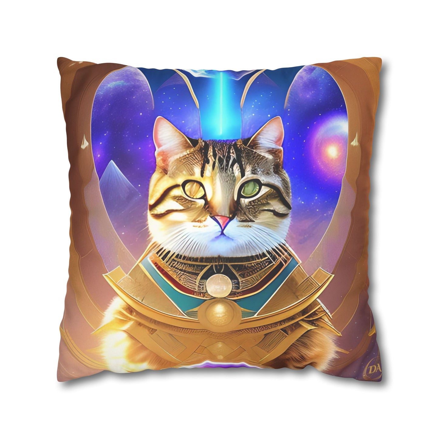 Divine Arts Faux Suede Double-Sided Square Pillow Case in Four Sizes - Fantasy Galaxy Space Cat Lover Male Brown Tabby Cat with Heterochromia in Ornate Golden Armor with Light Blue Hydroplasma Light Beam from Crown Chakra Merkaba Pillow Cover