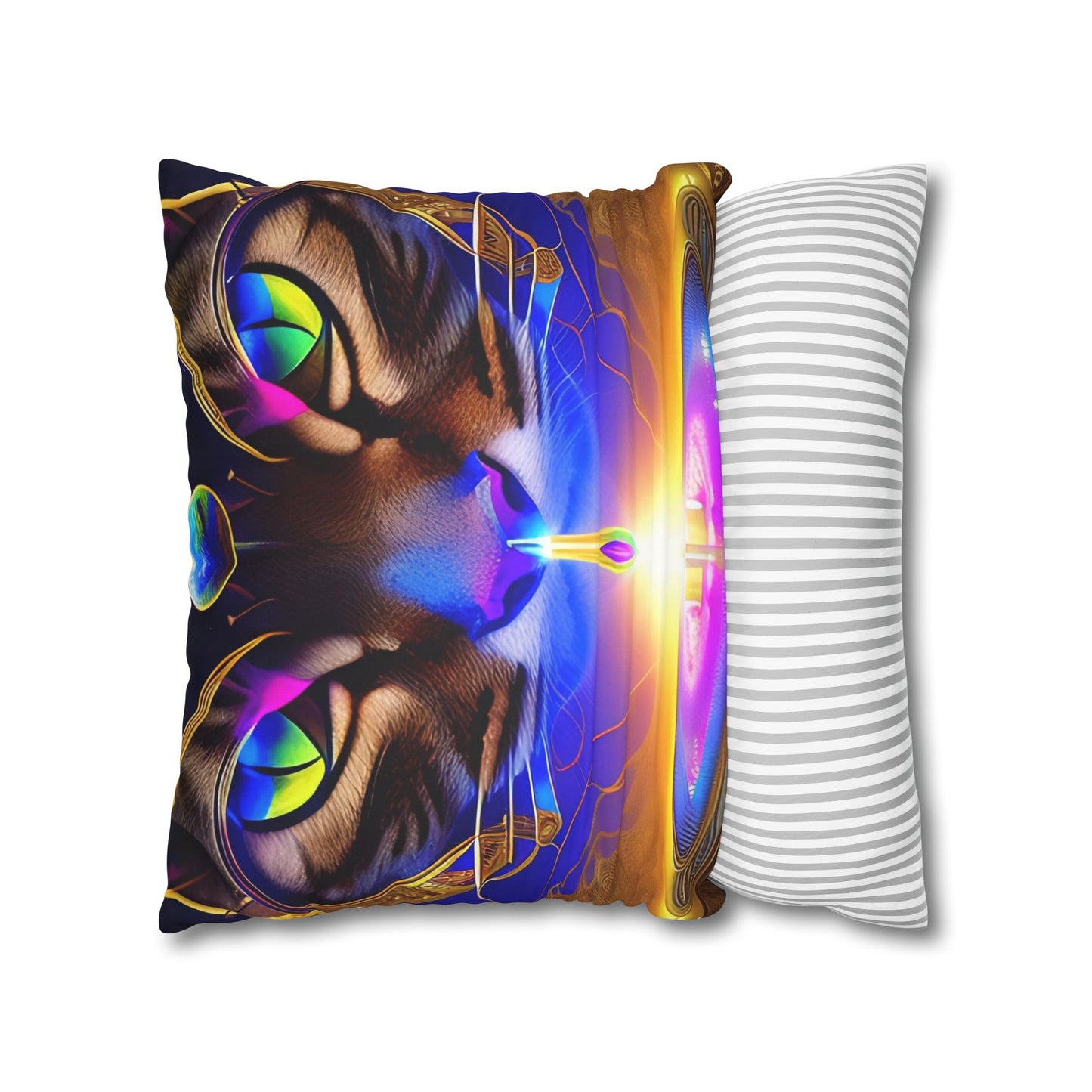 Divine Arts Faux Suede Double-Sided Art Square Pillow Case in Four Sizes - Fantasy Galaxy Space Cat Lover Male Brown Tabby Cat with Ornate Golden Face Armor and Magenta Crystal Wielding the Merkaba Pillow Cover