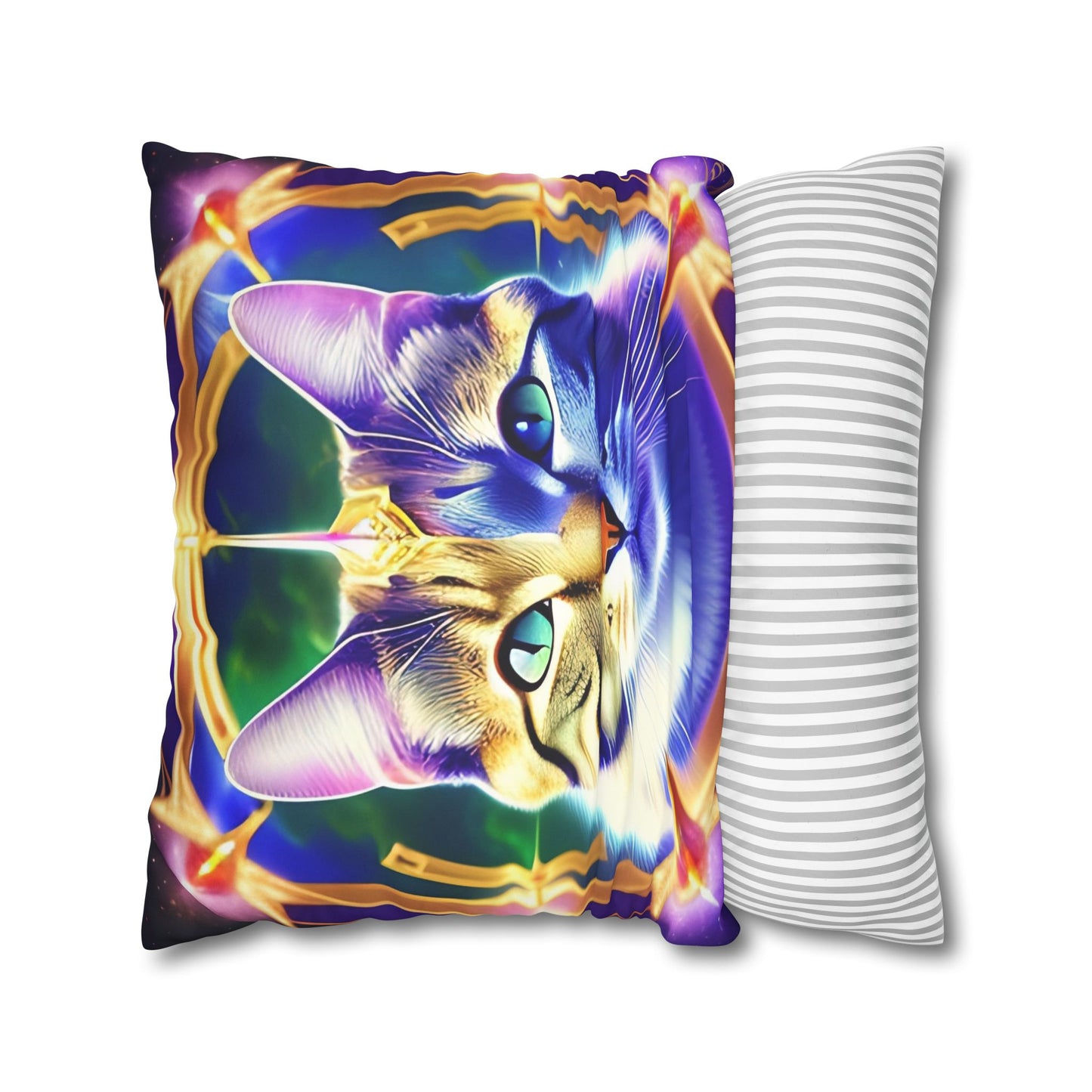Divine Arts Faux Suede Double-Sided Square Pillow Case - Fantasy Galaxy Space Cat Lover Male Gray & Brown Tabby Cat with Green Eyes with Blue, Green & Orange Aura and Ornate Light Blue and Purple Crystal Collar Merkaba Pillow Cover in Four Sizes