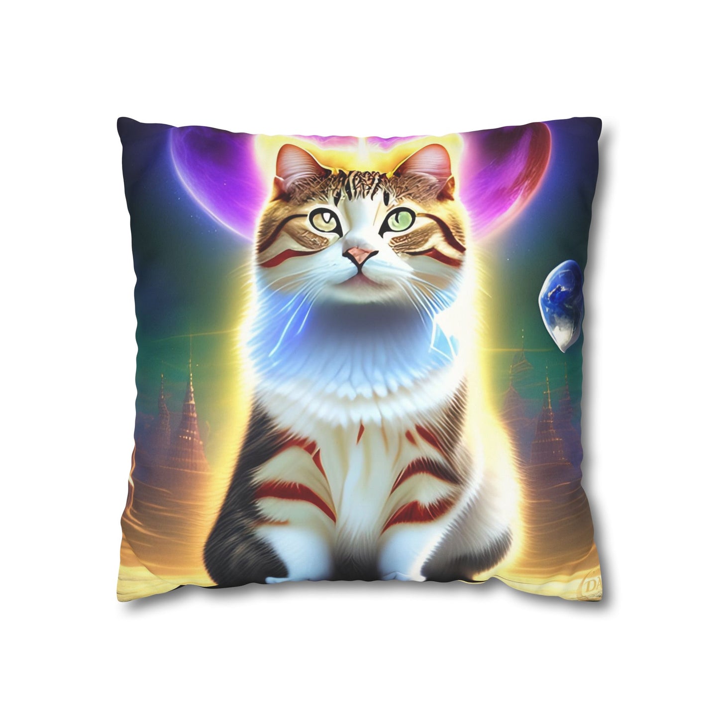 Divine Arts Faux Suede Double-Sided Square Pillow Case - Fantasy Galaxy Space Cat Lover Female Brown and White Tabby Cat with Heterochromia and a Bright Yellow & Purple Aura Spiritual Pillow Cover in Four Sizes