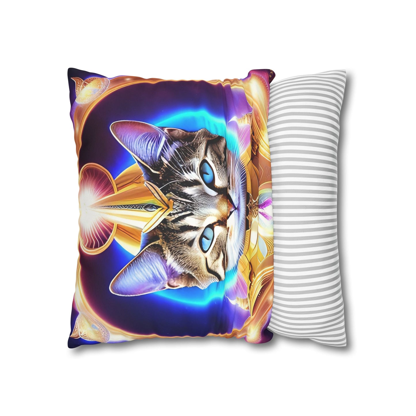 Divine Arts Faux Suede Double-Sided Square Pillow Case - Fantasy Galaxy Space Cat Lover Female Brown Gray Tabby Cat with Blue Eyes in Ornate Golden Armor with Light Blue Maharaic Shied Aura as Realized Merkaba Master Pillow Cover in Four Sizes
