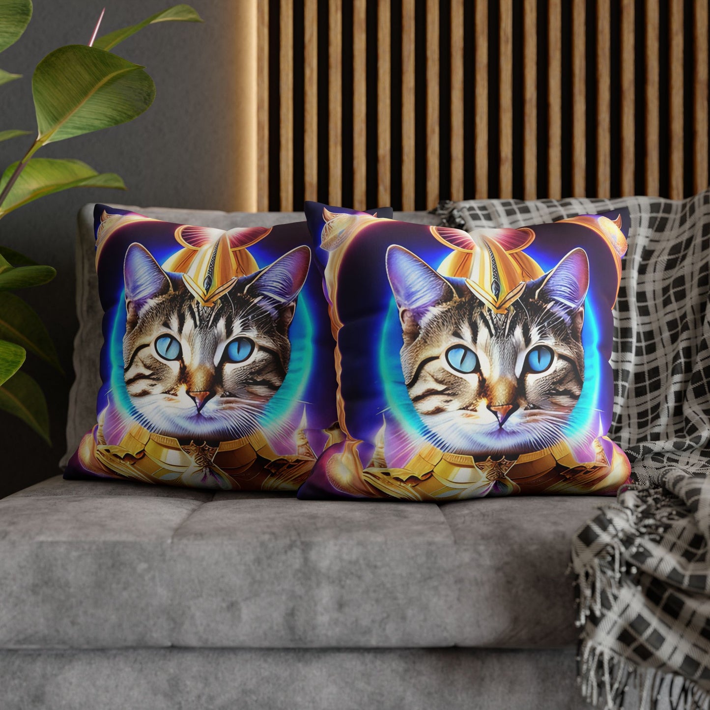 Divine Arts Faux Suede Double-Sided Square Pillow Case - Fantasy Galaxy Space Cat Lover Female Brown Gray Tabby Cat with Blue Eyes in Ornate Golden Armor with Light Blue Maharaic Shied Aura as Realized Merkaba Master Pillow Cover in Four Sizes