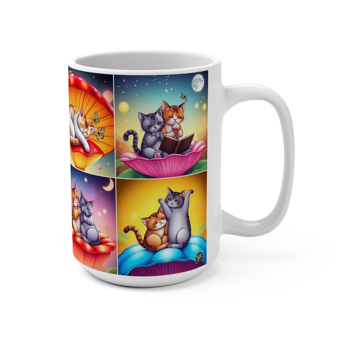 15oz Cat Mug — Whimsical Mushroom Lotus Nature Cats Collage Coffee Cup by Divine Arts