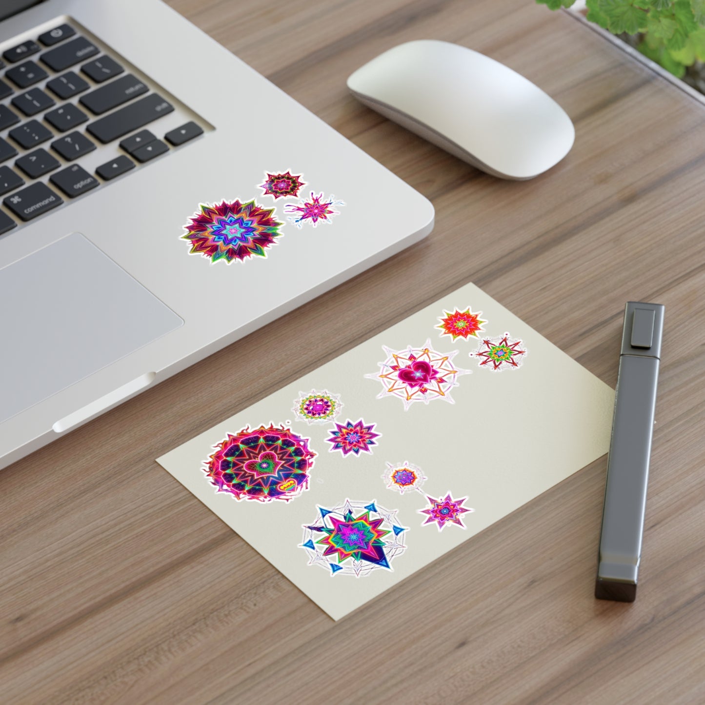 Kaleidoscope Starburst Sticker Sheet — Colorful Galaxy Art, White Transparent Holographic Die Cut Merkaba Decals by Divine Arts