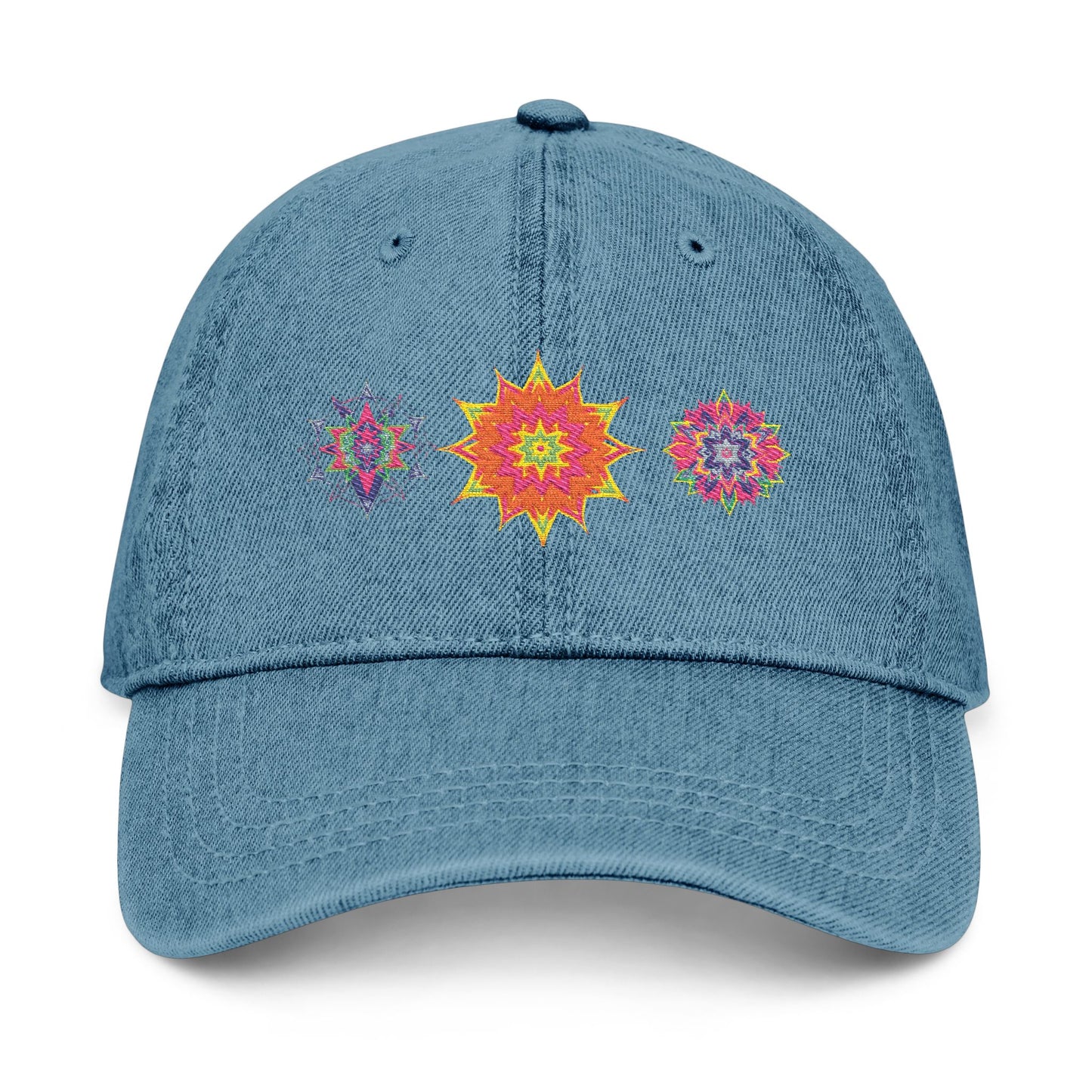 Denim Cap (Embroidery), 100% Cotton, Three Unique Embroidery Merkabas, Neon Galaxy Starry Light, Lotus Jewel Design by Divine Arts