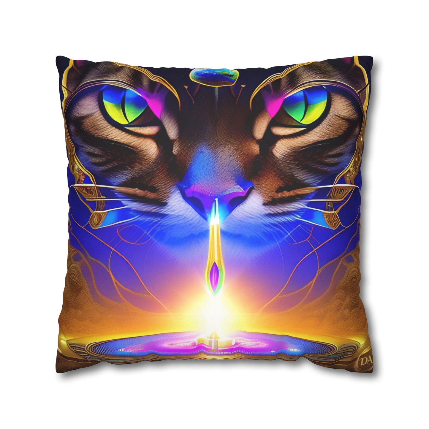 Divine Arts Faux Suede Double-Sided Art Square Pillow Case in Four Sizes - Fantasy Galaxy Space Cat Lover Male Brown Tabby Cat with Ornate Golden Face Armor and Magenta Crystal Wielding the Merkaba Pillow Cover