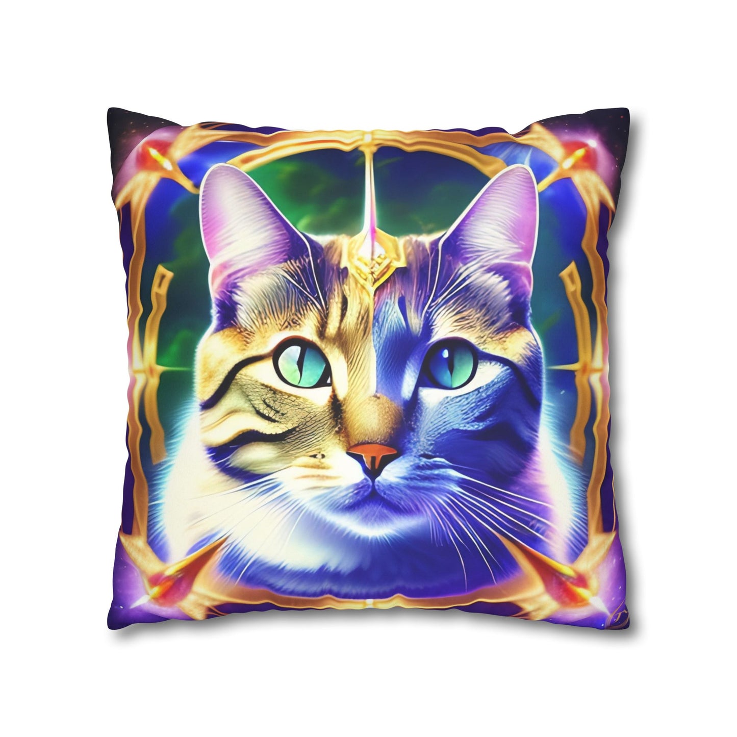 Divine Arts Faux Suede Double-Sided Square Pillow Case - Fantasy Galaxy Space Cat Lover Male Gray & Brown Tabby Cat with Green Eyes with Blue, Green & Orange Aura and Ornate Light Blue and Purple Crystal Collar Merkaba Pillow Cover in Four Sizes