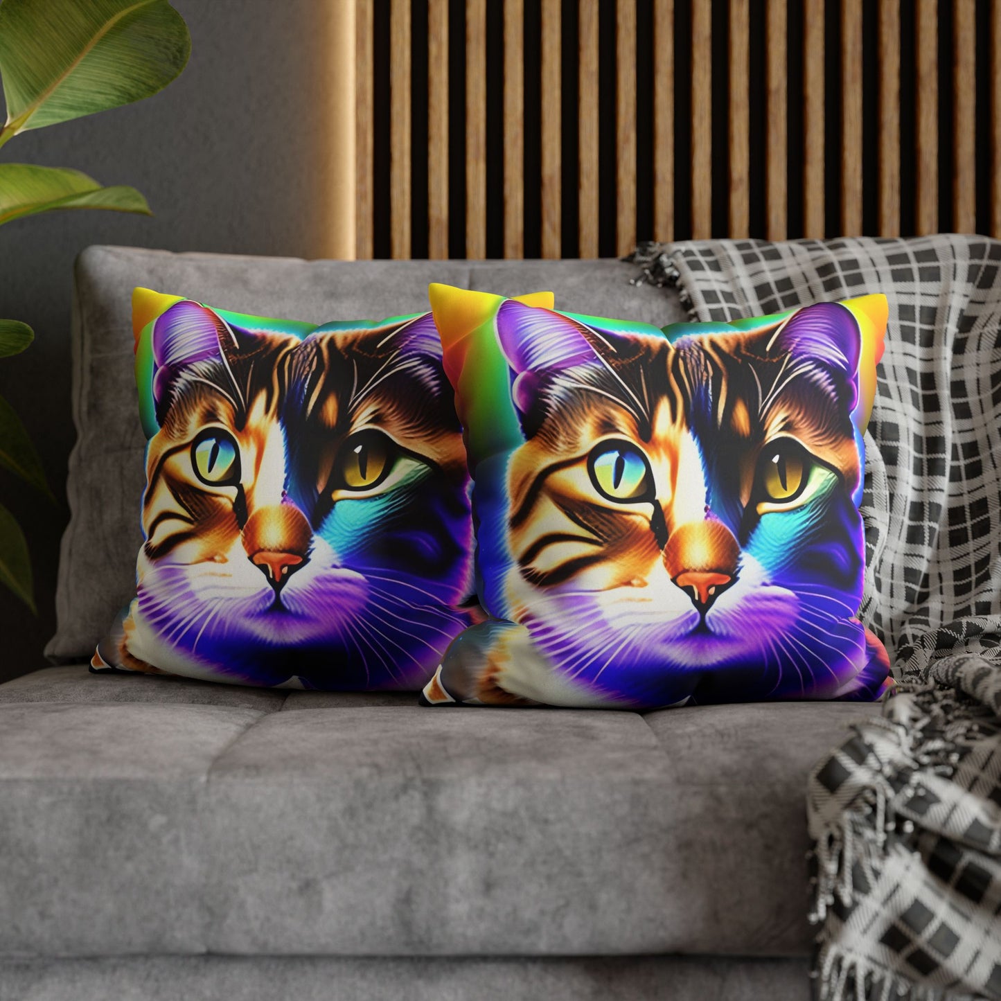 Divine Arts Faux Suede Double-Sided Square Pillow Case - Fantasy Galaxy Space Cat Lover Brown Tabby Cat with Heterochromia Meditating in Rainbow Trance Colors Pillow Cover in Four Sizes
