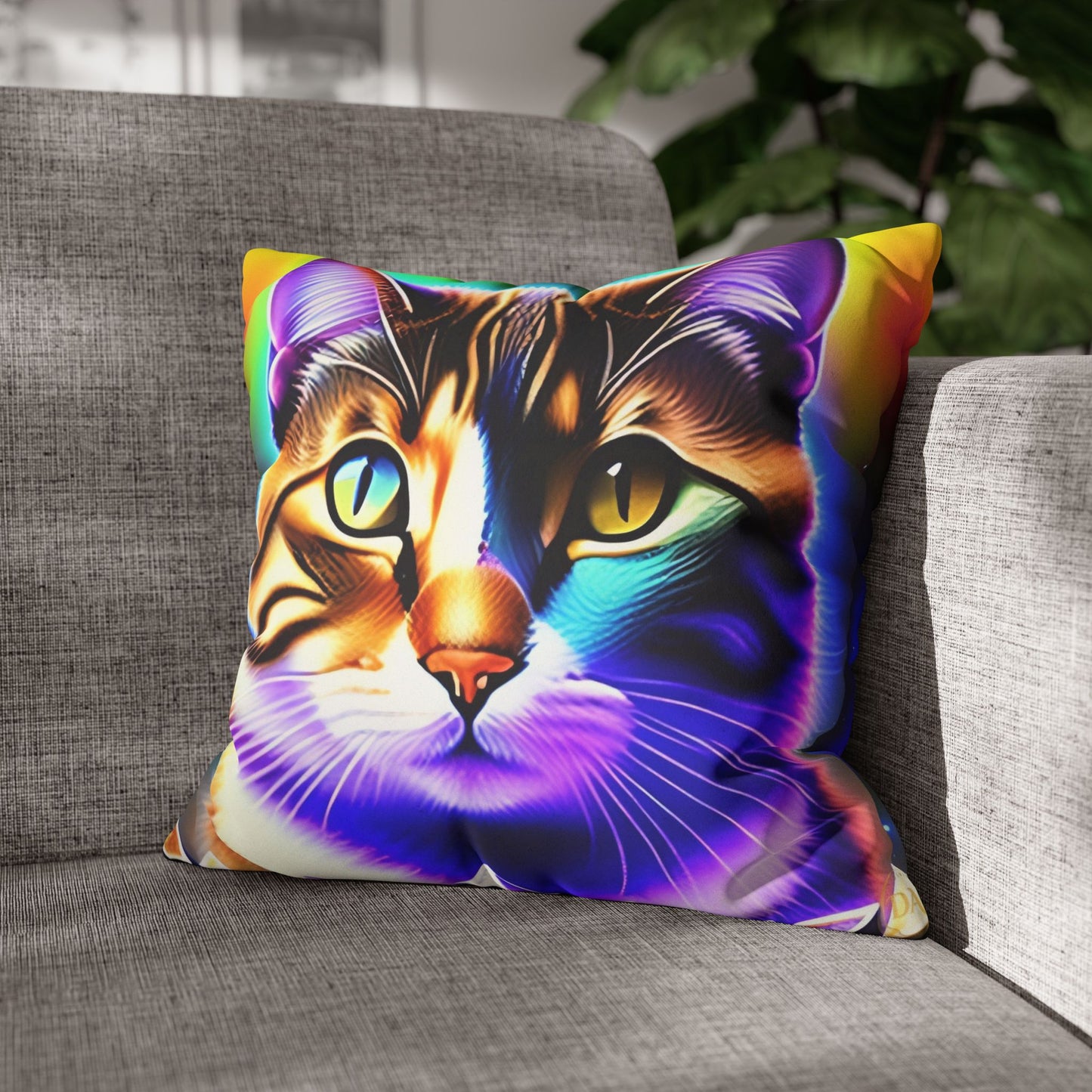 Divine Arts Faux Suede Double-Sided Square Pillow Case - Fantasy Galaxy Space Cat Lover Brown Tabby Cat with Heterochromia Meditating in Rainbow Trance Colors Pillow Cover in Four Sizes