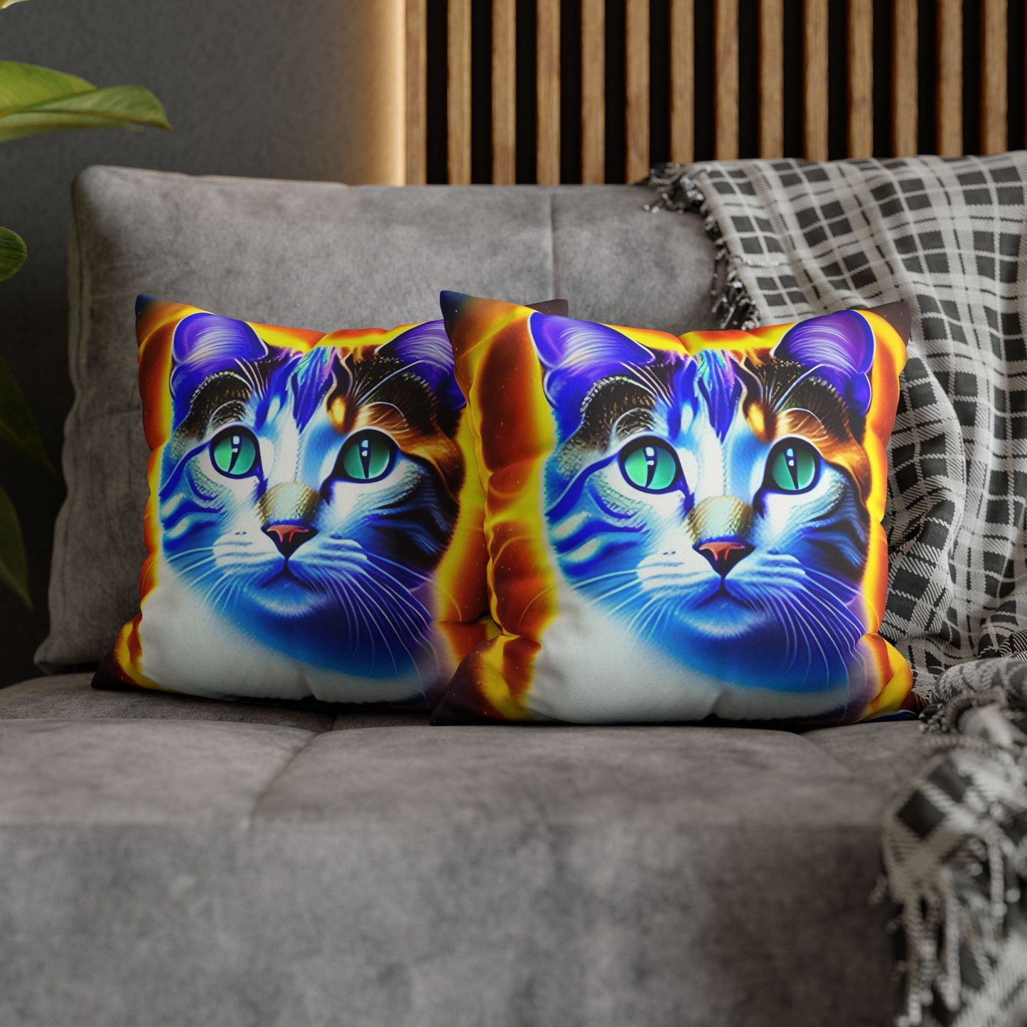 Divine Arts Faux Suede Double-Sided Square Pillow Case - Fantasy Galaxy Space Cat Lover Large Close Up View of the Face of a Female Brown Tabby Cat with Green Eyes With a Pulsing Yellow Orange Aura From Weilding the Merkaba Pillow Cover in Four Sizes