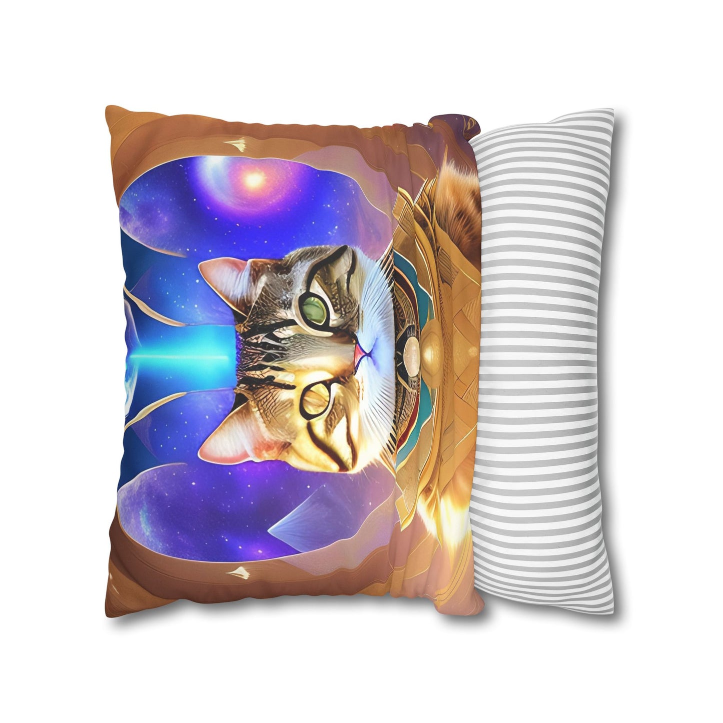Divine Arts Faux Suede Double-Sided Square Pillow Case in Four Sizes - Fantasy Galaxy Space Cat Lover Male Brown Tabby Cat with Heterochromia in Ornate Golden Armor with Light Blue Hydroplasma Light Beam from Crown Chakra Merkaba Pillow Cover