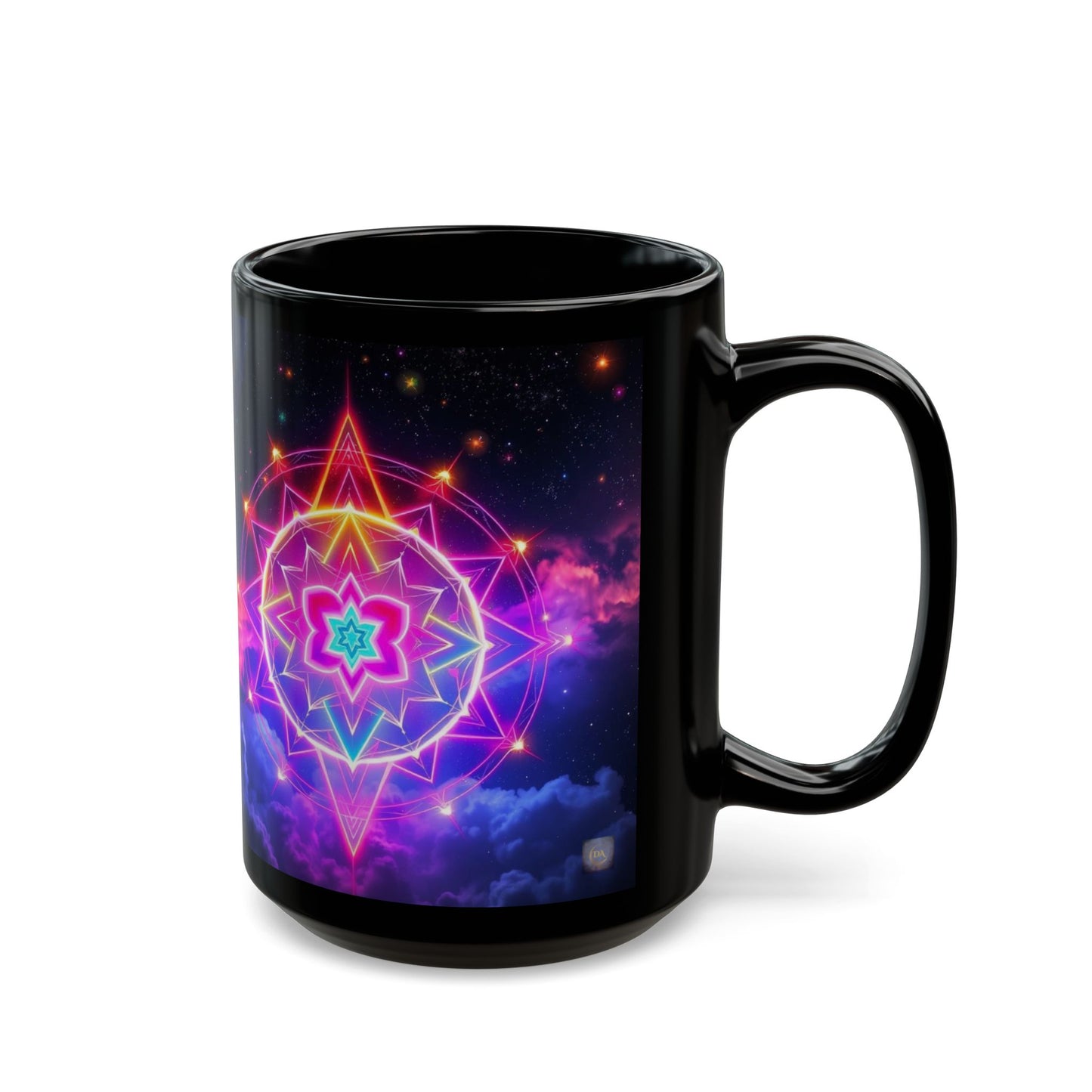 Black Ceramic Mug 15 oz — Vibrant Sacred Heart Sacred Geometry Light Body Merkaba Coffee Cup by Divine Arts