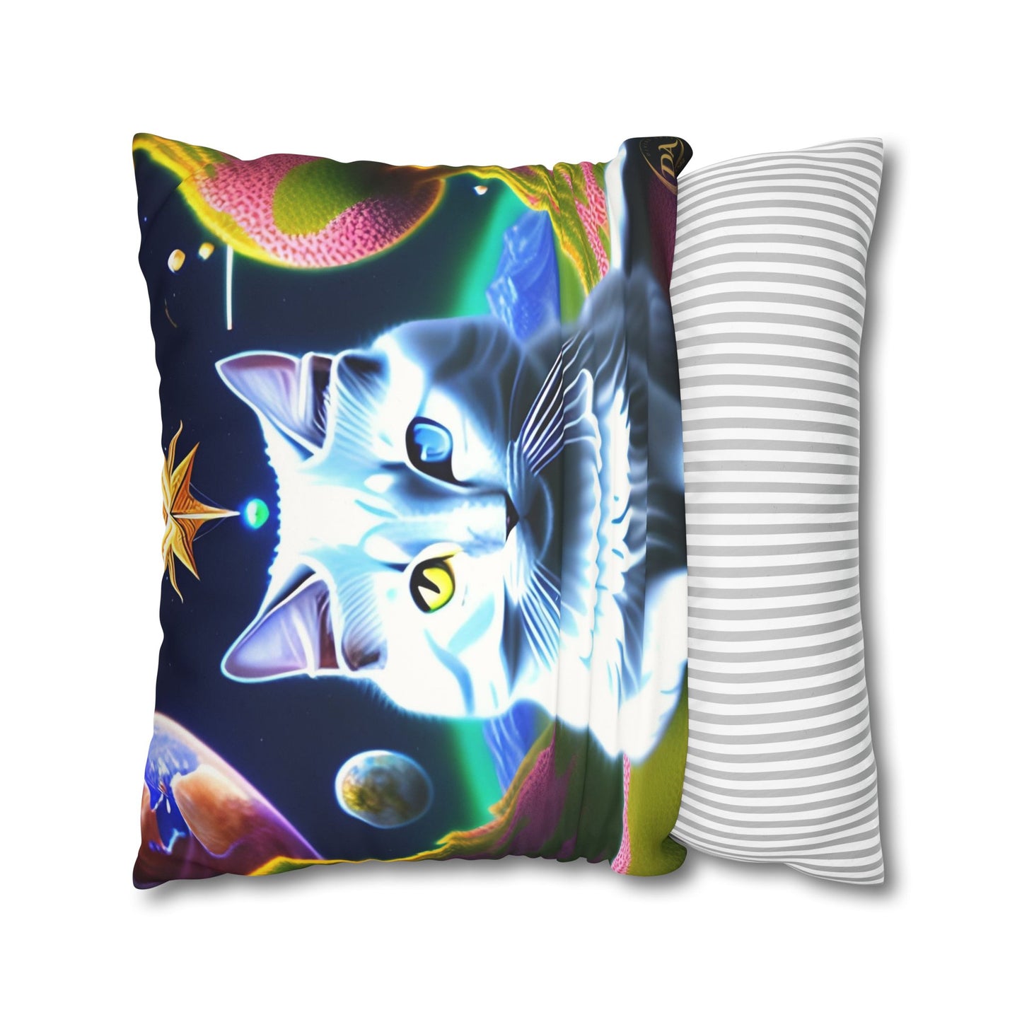 Divine Arts Faux Suede Double-Sided Square Pillow Case in Four Sizes - Fantasy Galaxy Space Cat Lover Portrait of White Female Cat With Yellow & Blie Heterochromia Eyes In Space Amidssr Blue & Pink Cosmic Swirls Meditating in Trance On A Golden Merkaba