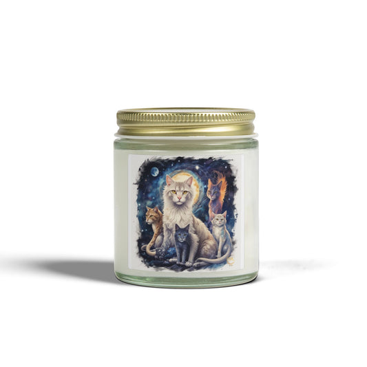 Premium Coconut Apricot Wax Scented Candles, Various Floral & Spice Fragrances (4oz), Spiritual Christmas Holiday Cat Lover Pet Gift, Ginger, White, Gray & Brown Cats Galaxy Space Fantasy Cat Art, by Divine Arts