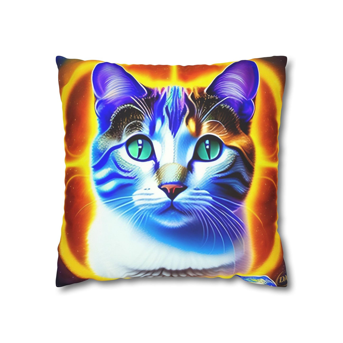 Divine Arts Faux Suede Double-Sided Square Pillow Case - Fantasy Galaxy Space Cat Lover Large Close Up View of the Face of a Female Brown Tabby Cat with Green Eyes With a Pulsing Yellow Orange Aura From Weilding the Merkaba Pillow Cover in Four Sizes