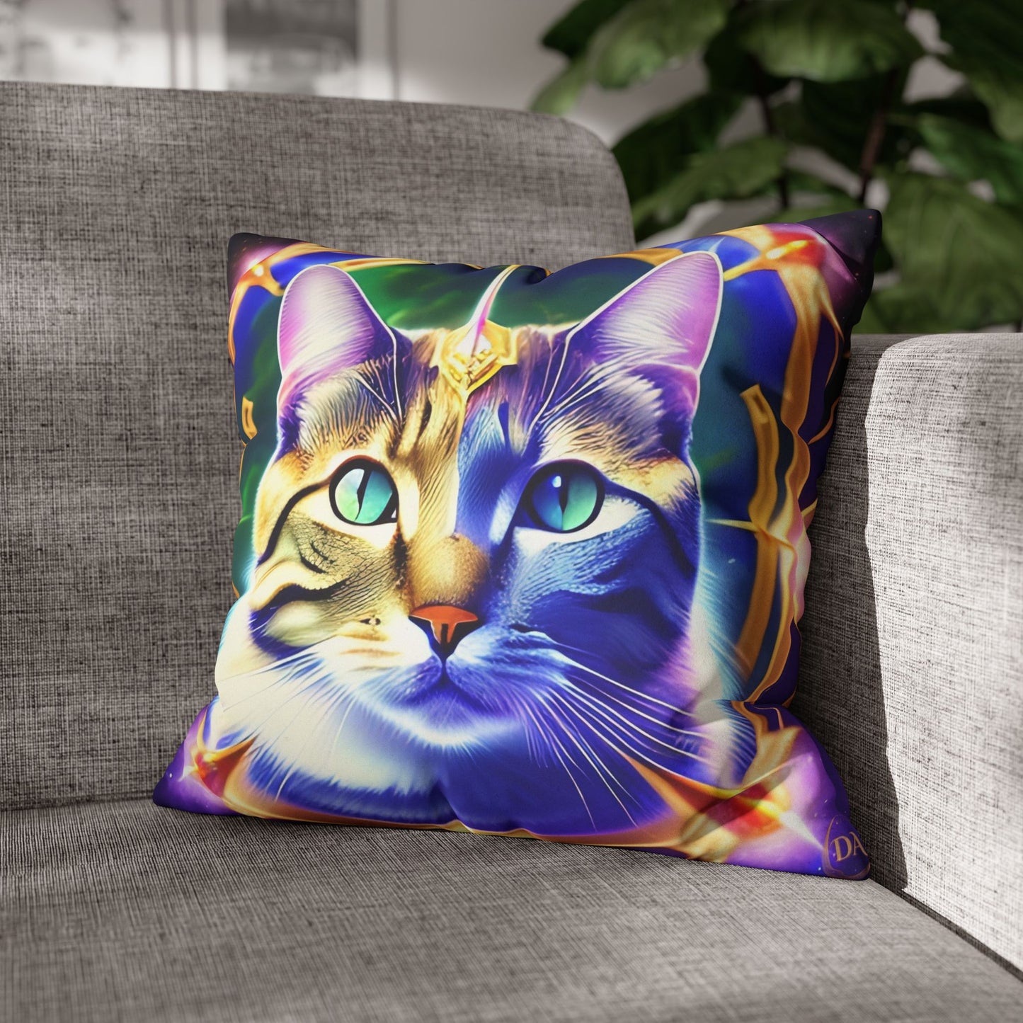 Divine Arts Faux Suede Double-Sided Square Pillow Case - Fantasy Galaxy Space Cat Lover Male Gray & Brown Tabby Cat with Green Eyes with Blue, Green & Orange Aura and Ornate Light Blue and Purple Crystal Collar Merkaba Pillow Cover in Four Sizes