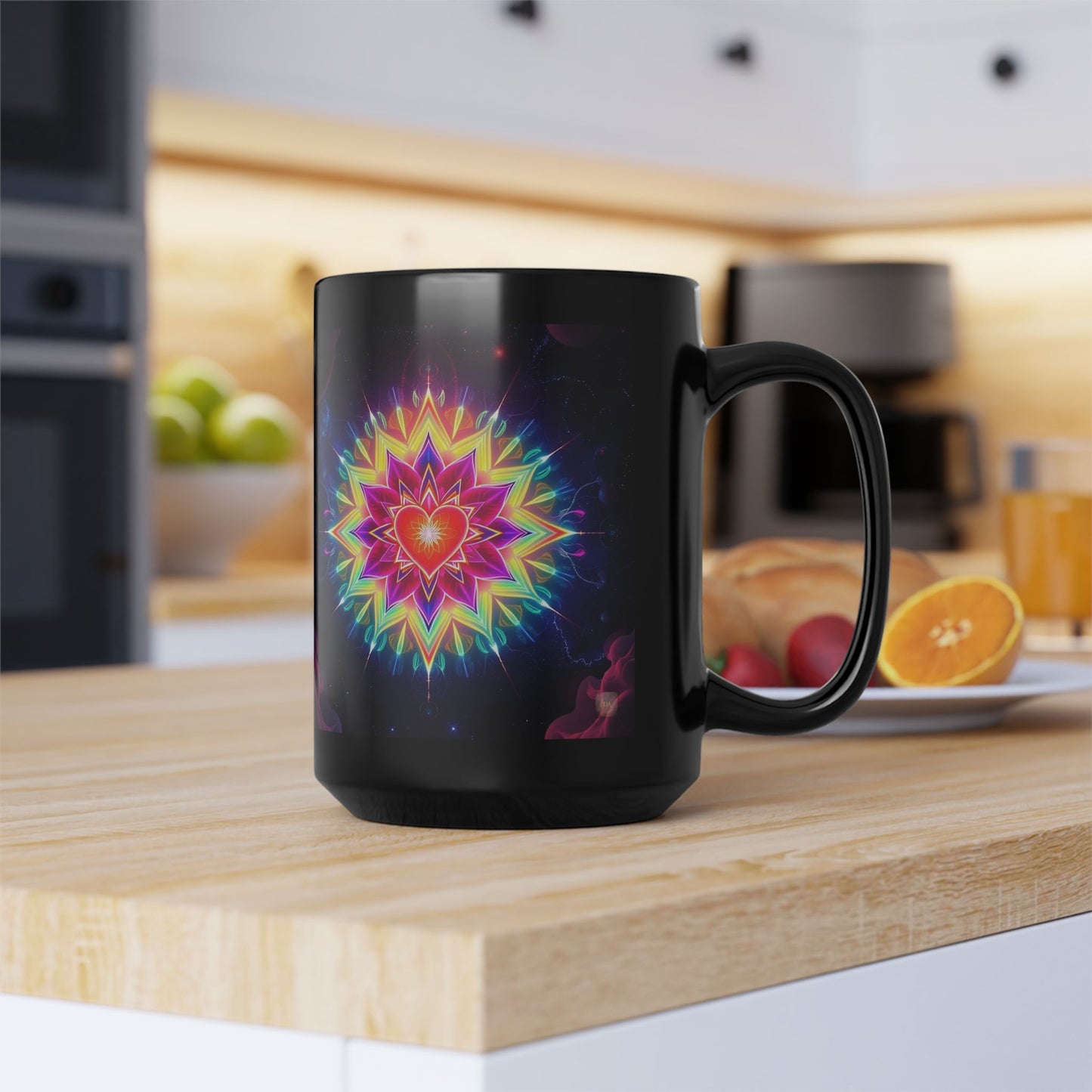 Black Ceramic Mug 15 oz— Vibrant Sacred Heart Sacred Geometry Light Body Merkaba Coffee Cup by Divine Arts