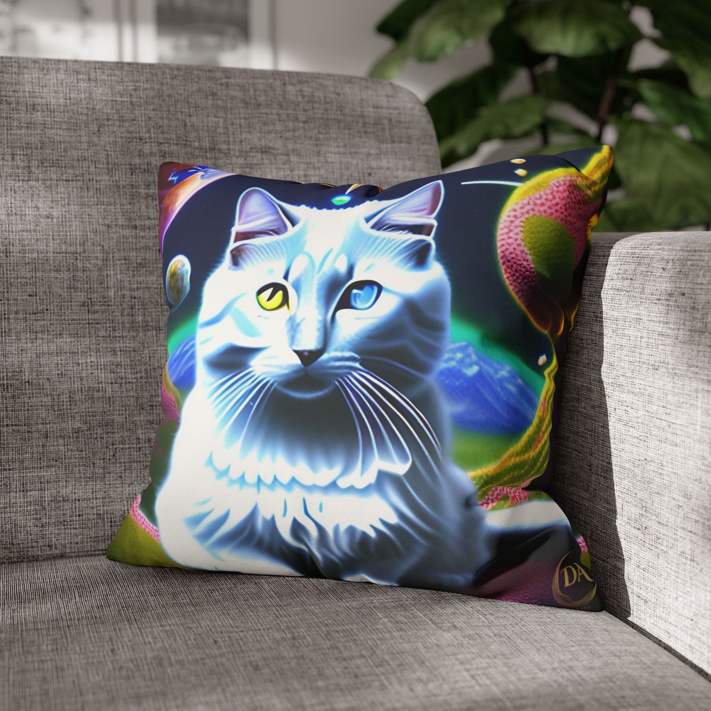Divine Arts Faux Suede Double-Sided Square Pillow Case in Four Sizes - Fantasy Galaxy Space Cat Lover Portrait of White Female Cat With Yellow & Blie Heterochromia Eyes In Space Amidssr Blue & Pink Cosmic Swirls Meditating in Trance On A Golden Merkaba