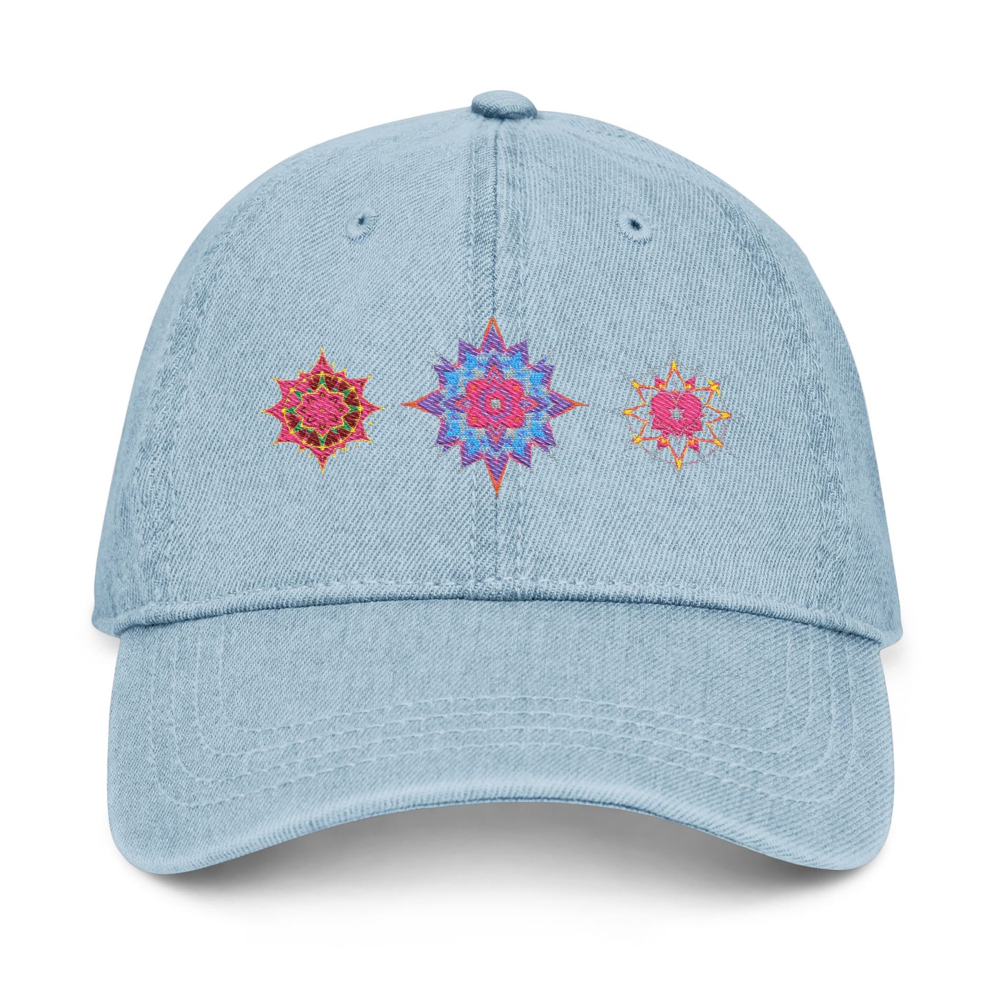 Denim Cap (Embroidery), 100% Cotton, Three Unique Embroidery Merkabas, Neon Galaxy Starry Light, Lotus Jewel Design by Divine Arts