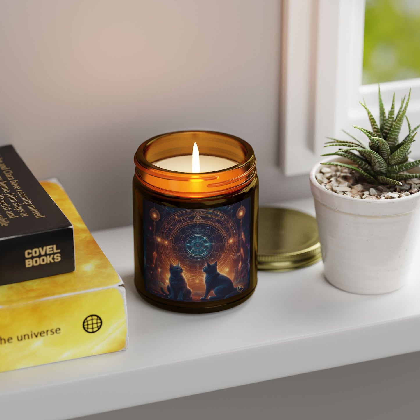 Premium Coconut Apricot Wax Scented Candles, Various Floral & Spice Fragrances (4oz), Spiritual Christmas Holiday Cat Lover Pet Gift, Black Cats Sacred Geometry Galaxy Space Fantasy Cat Art, by Divine Arts