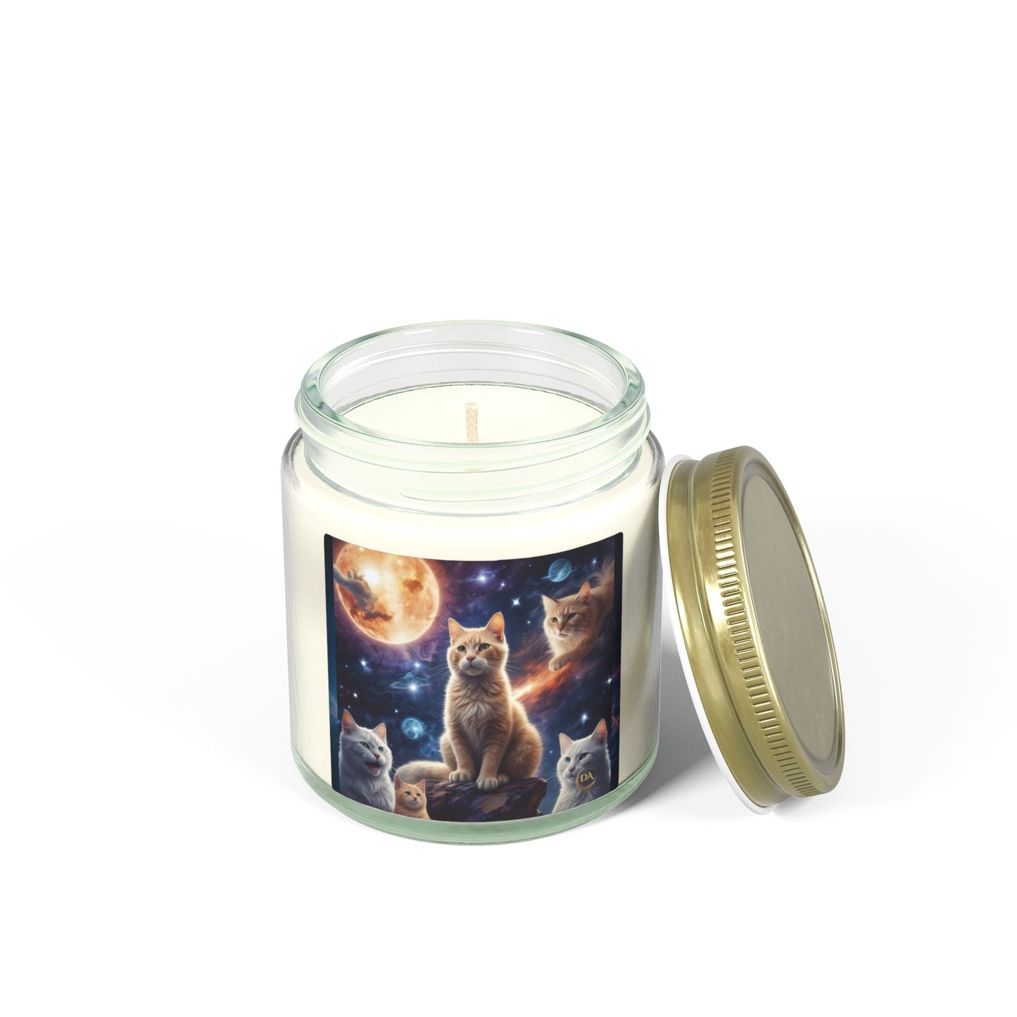 Premium Coconut Apricot Wax Scented Candles, Various Floral & Spice Fragrances (4oz), Spiritual Christmas Holiday Cat Lover Pet Gift, Ginger Tabby & White Cats Galaxy Space Fantasy Cat Art, by Divine Arts