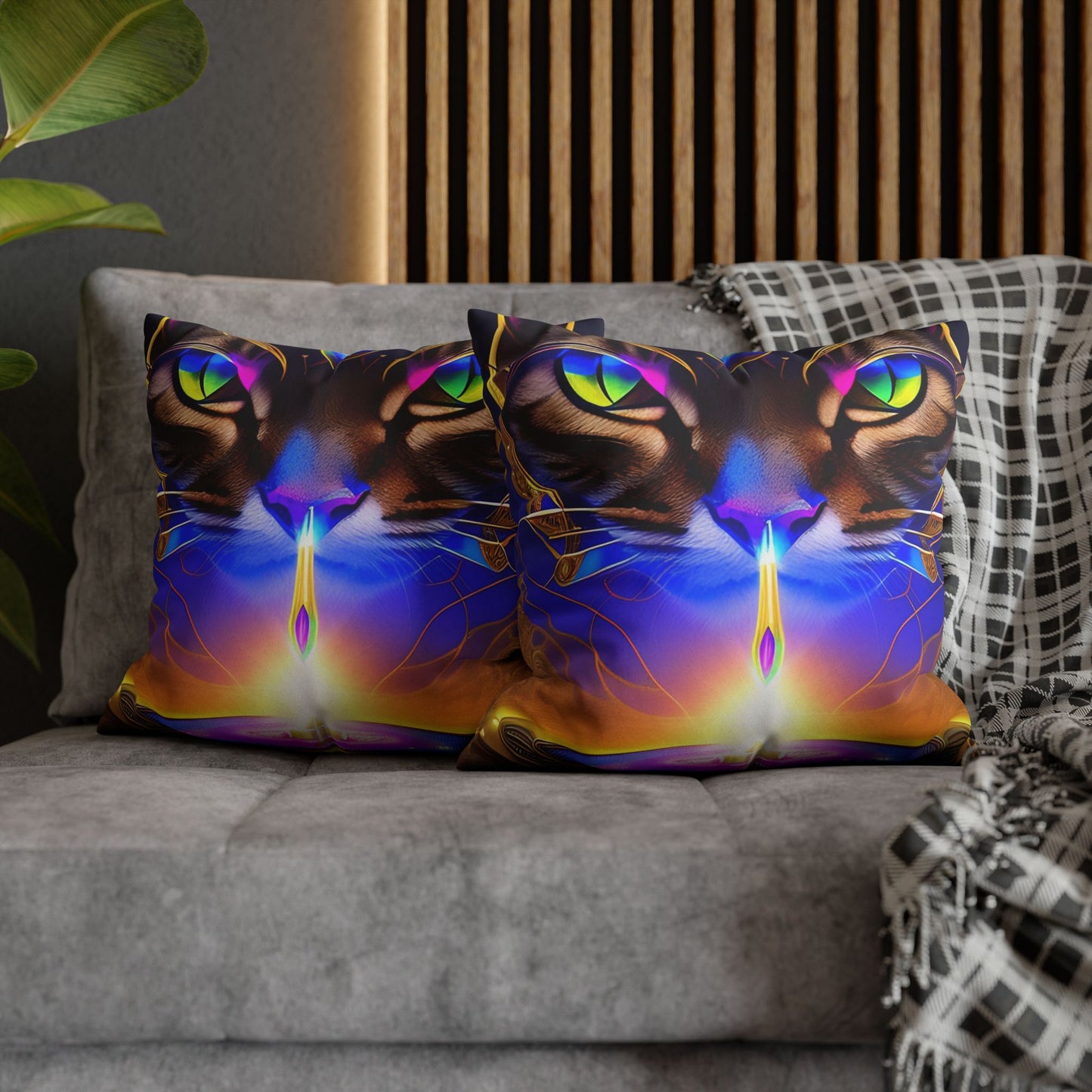 Divine Arts Faux Suede Double-Sided Art Square Pillow Case in Four Sizes - Fantasy Galaxy Space Cat Lover Male Brown Tabby Cat with Ornate Golden Face Armor and Magenta Crystal Wielding the Merkaba Pillow Cover