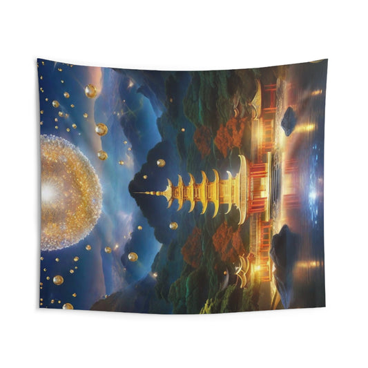 Indoor Polyester Wall Tapestry (88"X 104"), Golden Temple Pagoda & Pavillon in Valley between Reflective Lake & Mountains, Alight with Golden Bubbles Above, Diamond Sutra Art, by Divine Arts