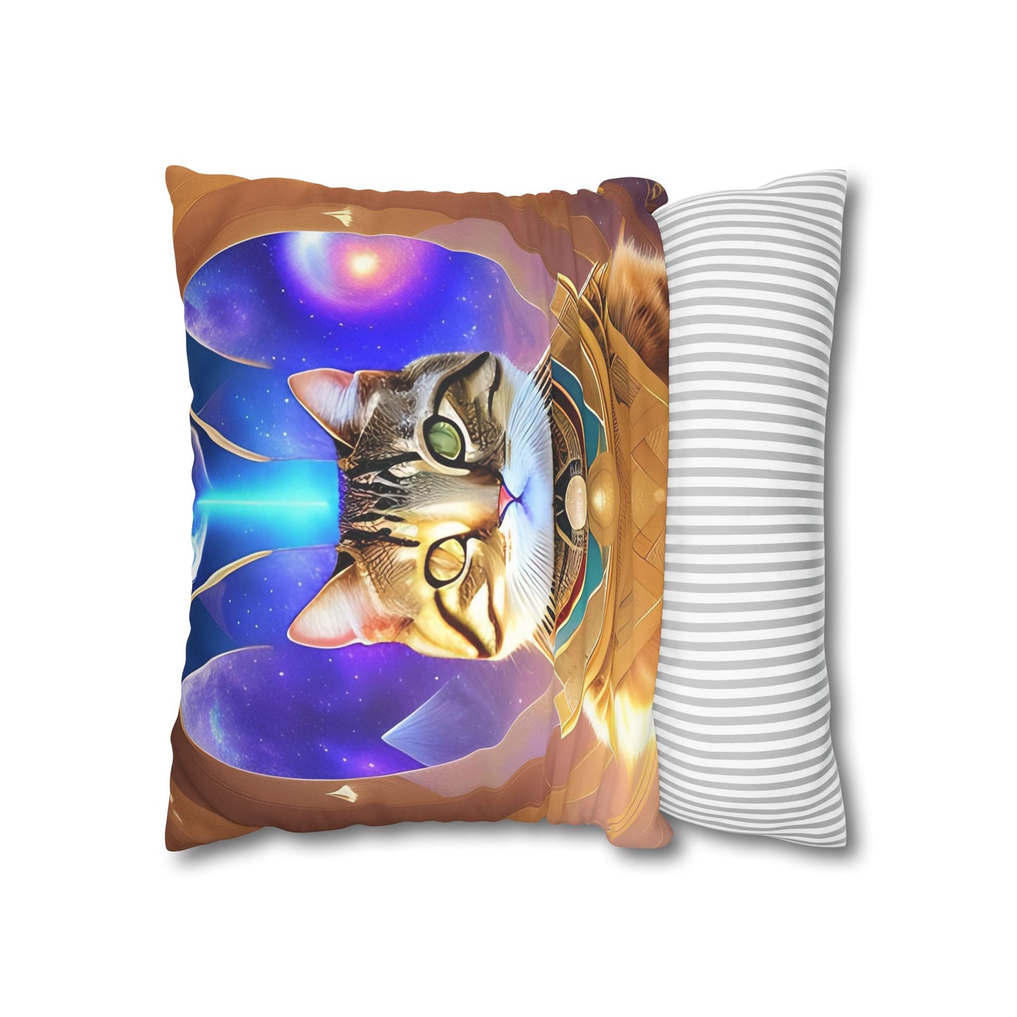 Divine Arts Faux Suede Double-Sided Square Pillow Case in Four Sizes - Fantasy Galaxy Space Cat Lover Male Brown Tabby Cat with Heterochromia in Ornate Golden Armor with Light Blue Hydroplasma Light Beam from Crown Chakra Merkaba Pillow Cover