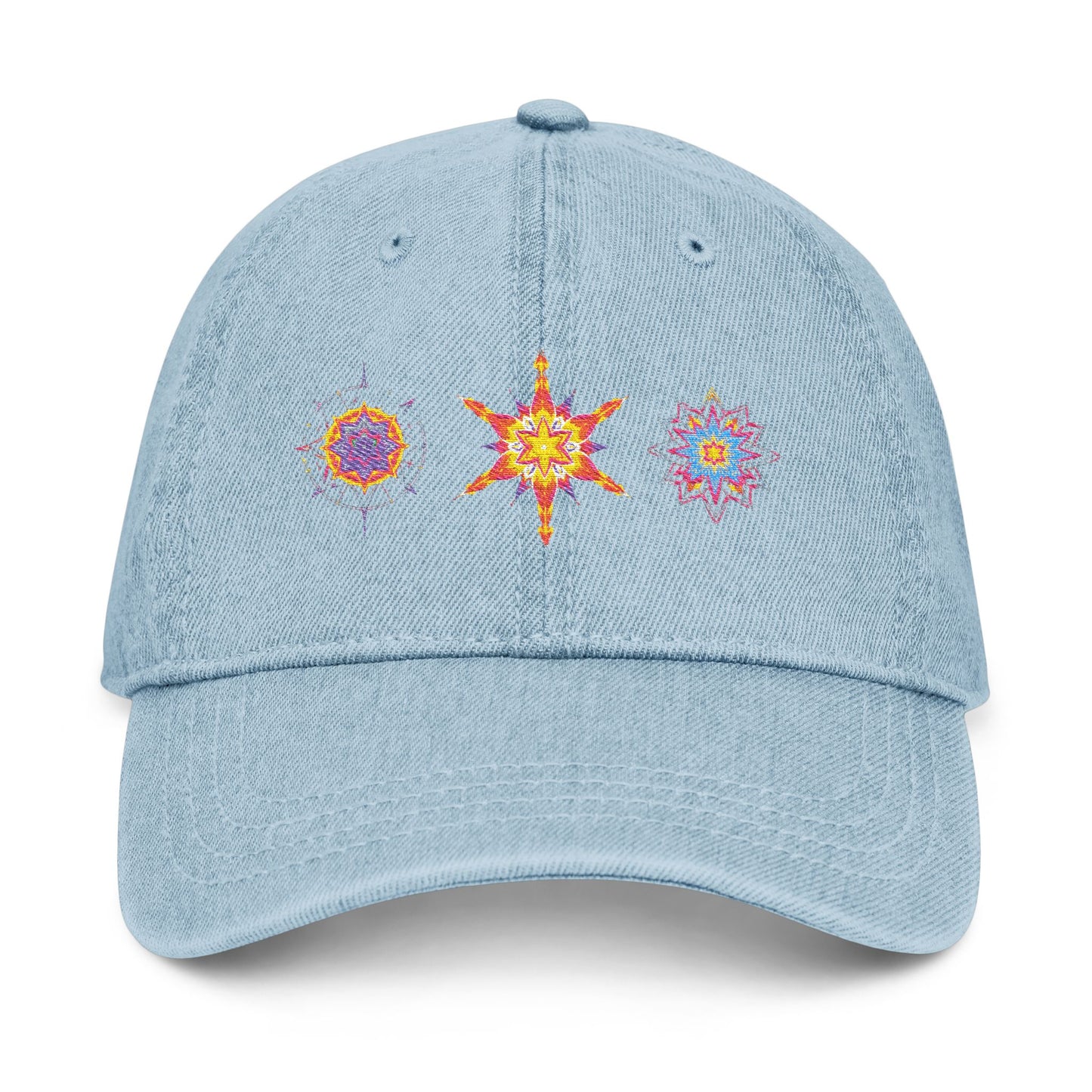 Denim Cap (Embroidery), 100% Cotton, Three Unique Embroidery Merkabas, Neon Galaxy Starry Light, Lotus Jewel Design by Divine Arts