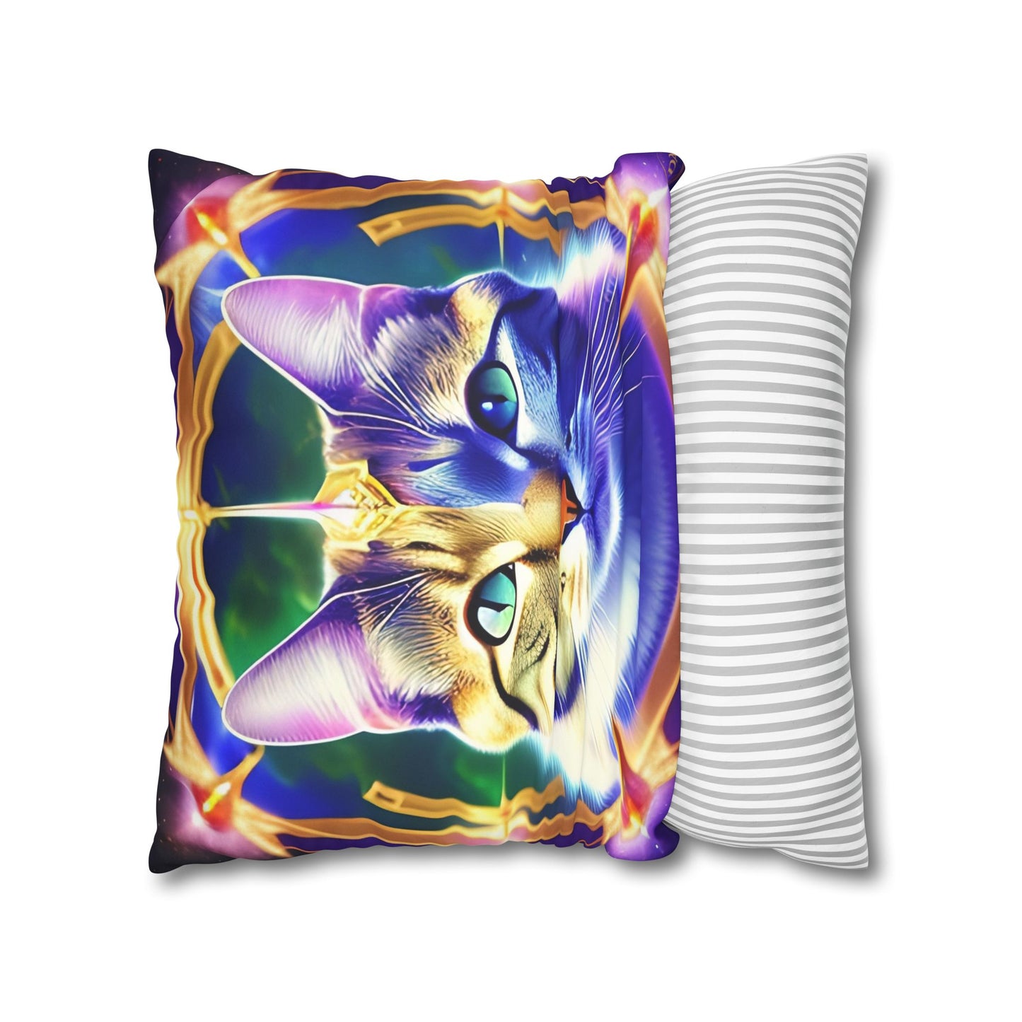 Divine Arts Faux Suede Double-Sided Square Pillow Case - Fantasy Galaxy Space Cat Lover Male Gray & Brown Tabby Cat with Green Eyes with Blue, Green & Orange Aura and Ornate Light Blue and Purple Crystal Collar Merkaba Pillow Cover in Four Sizes