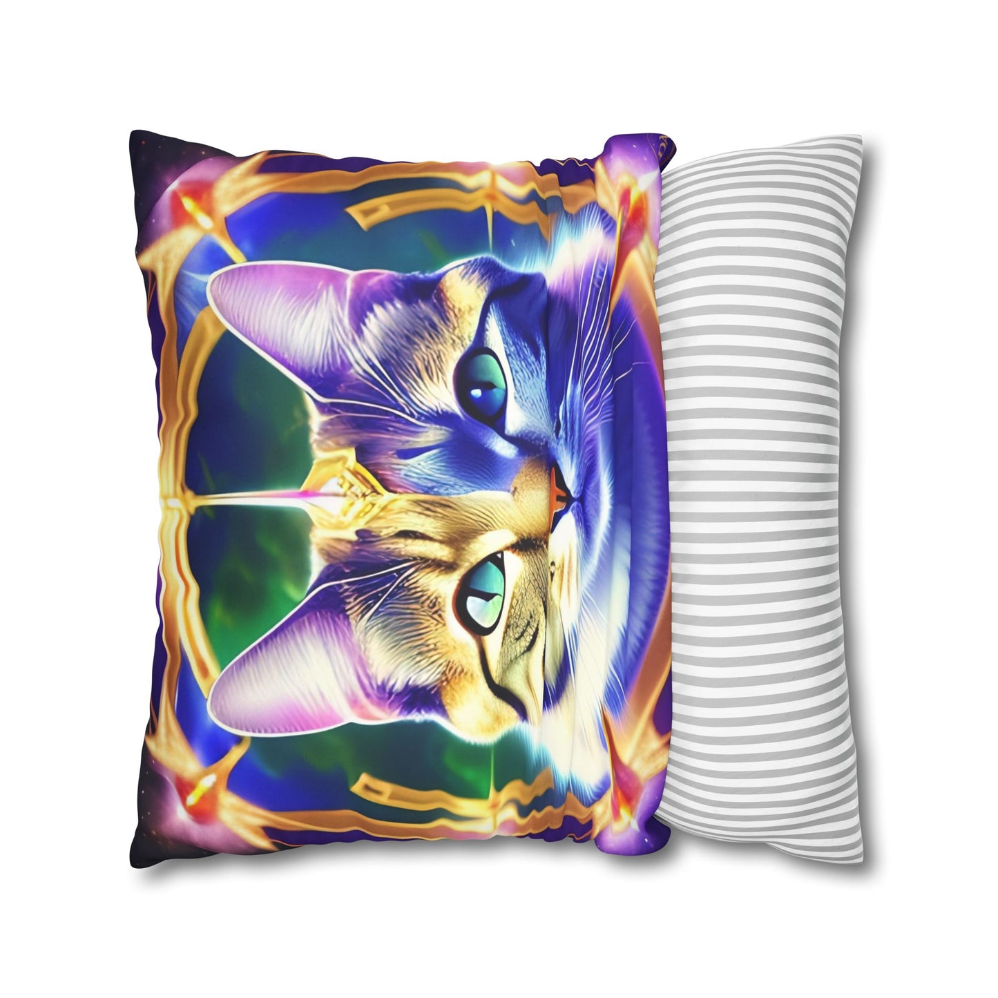 Divine Arts Faux Suede Double-Sided Square Pillow Case - Fantasy Galaxy Space Cat Lover Male Gray & Brown Tabby Cat with Green Eyes with Blue, Green & Orange Aura and Ornate Light Blue and Purple Crystal Collar Merkaba Pillow Cover in Four Sizes