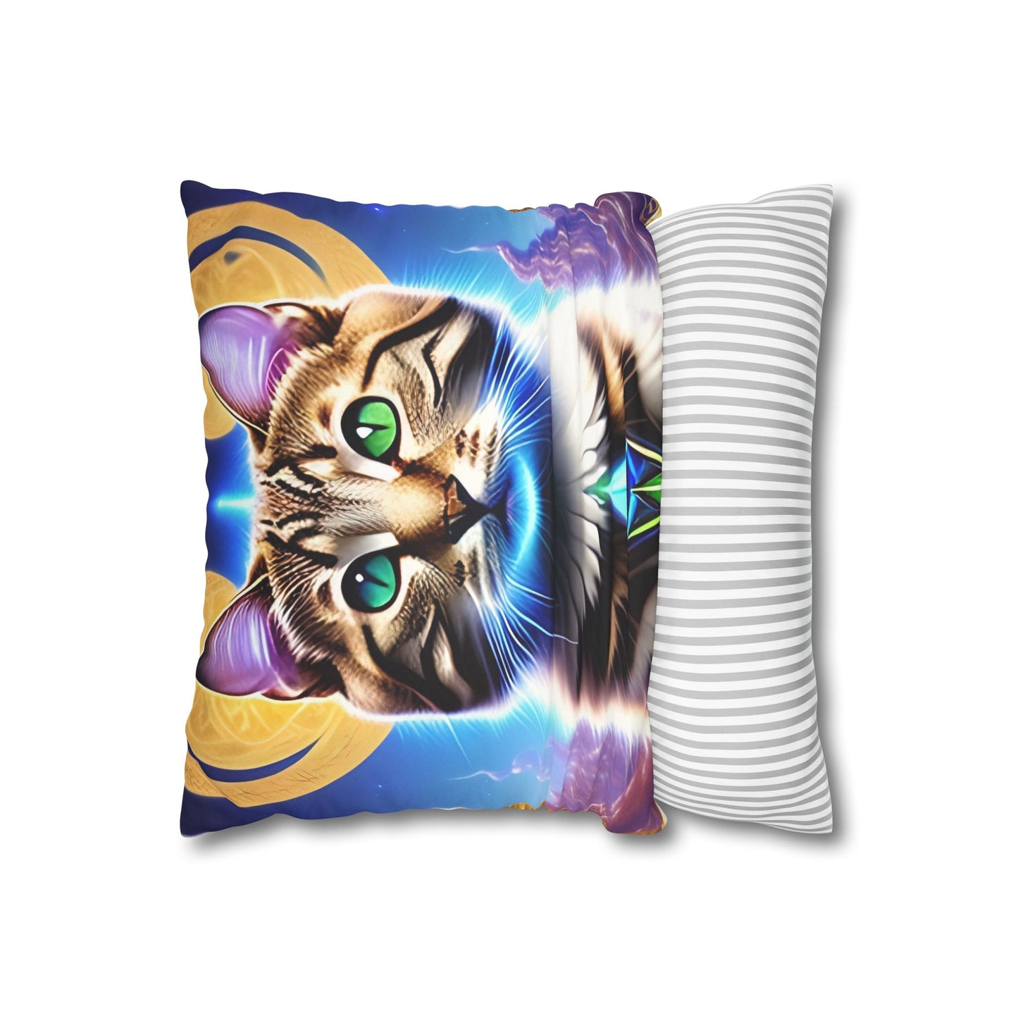Divine Arts Faux Suede Double-Sided Square Pillow Case in Four Sizes - Fantasy Galaxy Space Cat Lover Male Brown Tabby Cat with Green Eyes Green Merkaba & Golden Aura Plates in Moutains