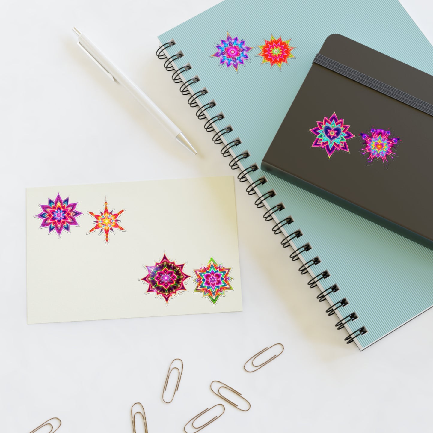 Kaleidoscope Starburst Vinyl Sticker Sheet (6x4) — Colorful Galaxy Art, White Transparent Holographic Die Cut Merkaba Decals by Divine Arts