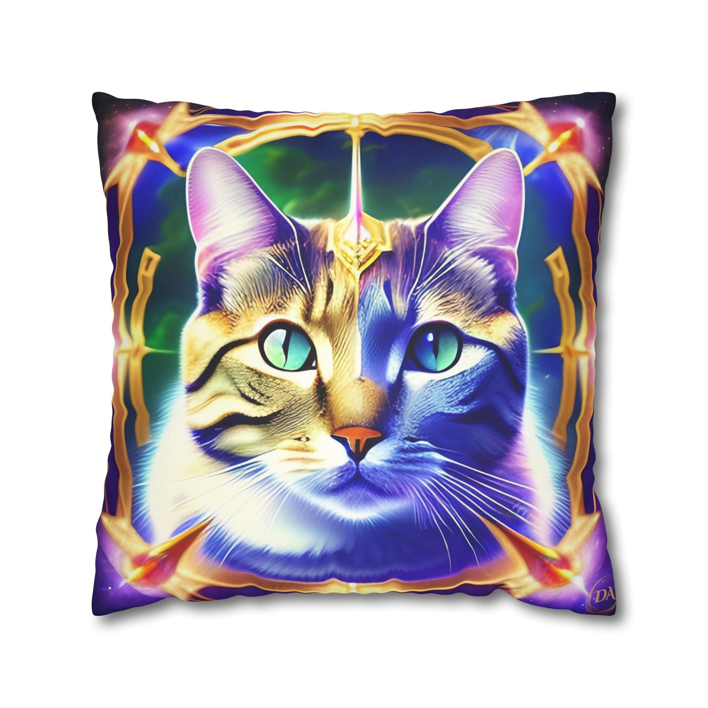 Divine Arts Faux Suede Double-Sided Square Pillow Case - Fantasy Galaxy Space Cat Lover Male Gray & Brown Tabby Cat with Green Eyes with Blue, Green & Orange Aura and Ornate Light Blue and Purple Crystal Collar Merkaba Pillow Cover in Four Sizes