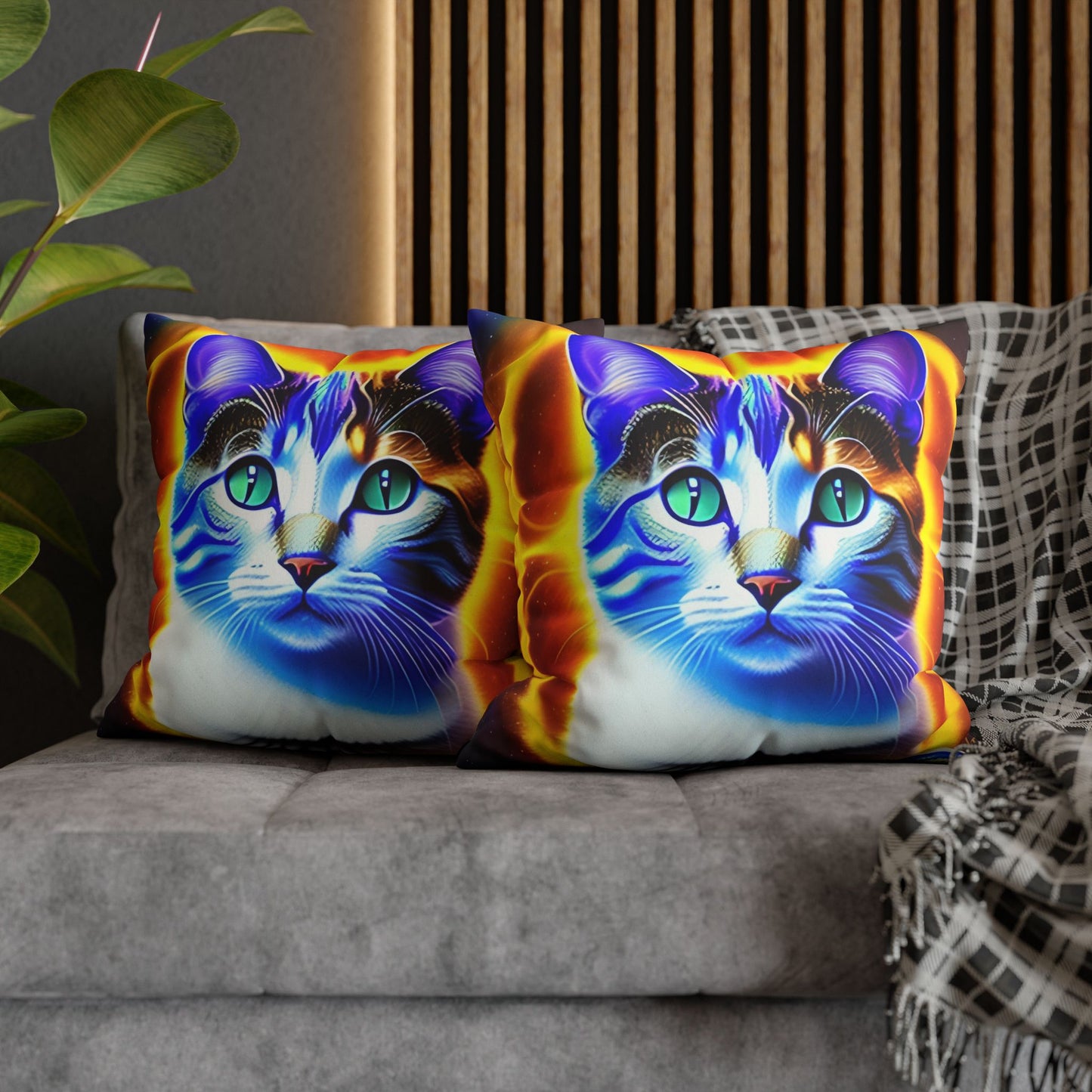 Divine Arts Faux Suede Double-Sided Square Pillow Case - Fantasy Galaxy Space Cat Lover Large Close Up View of the Face of a Female Brown Tabby Cat with Green Eyes With a Pulsing Yellow Orange Aura From Weilding the Merkaba Pillow Cover in Four Sizes