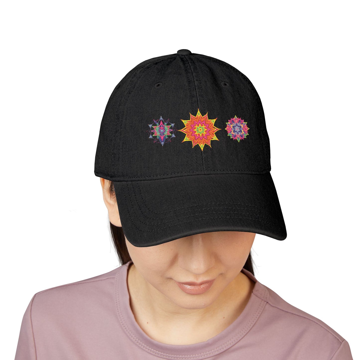 Denim Cap (Embroidery), 100% Cotton, Three Unique Embroidery Merkabas, Neon Galaxy Starry Light, Lotus Jewel Design by Divine Arts