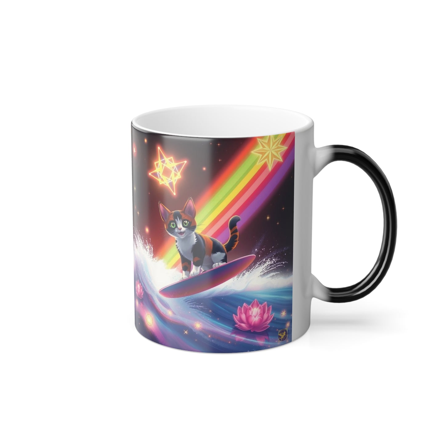 Color-Changing Galaxy Cats Mug — Cosmic Grey and Calico Cats & Lotus Rainbow Sacred Geometry Merkaba Magic 11oz by Divine Arts
