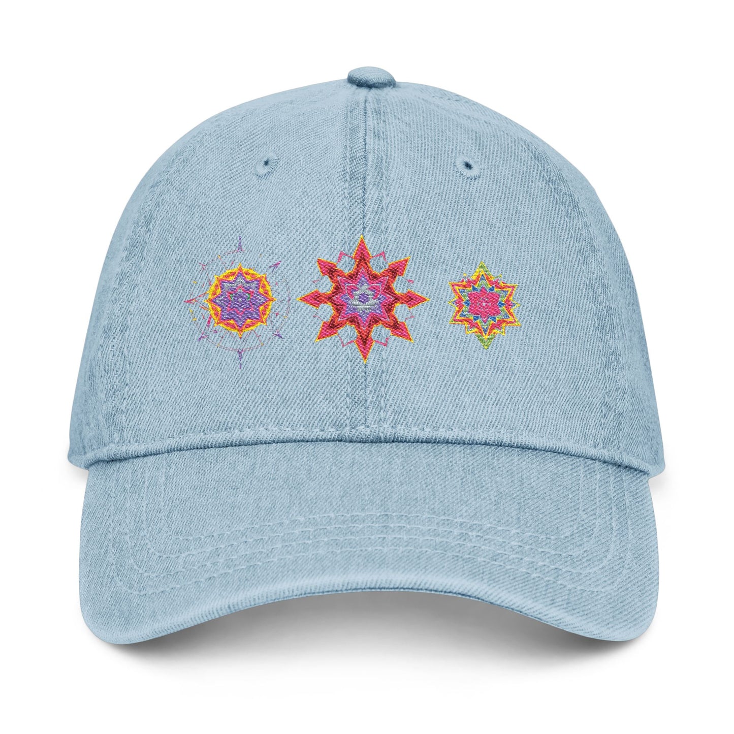 Denim Cap (Embroidery), 100% Cotton, Three Unique Embroidery Merkabas, Neon Galaxy Starry Light, Lotus Jewel Design by Divine Arts