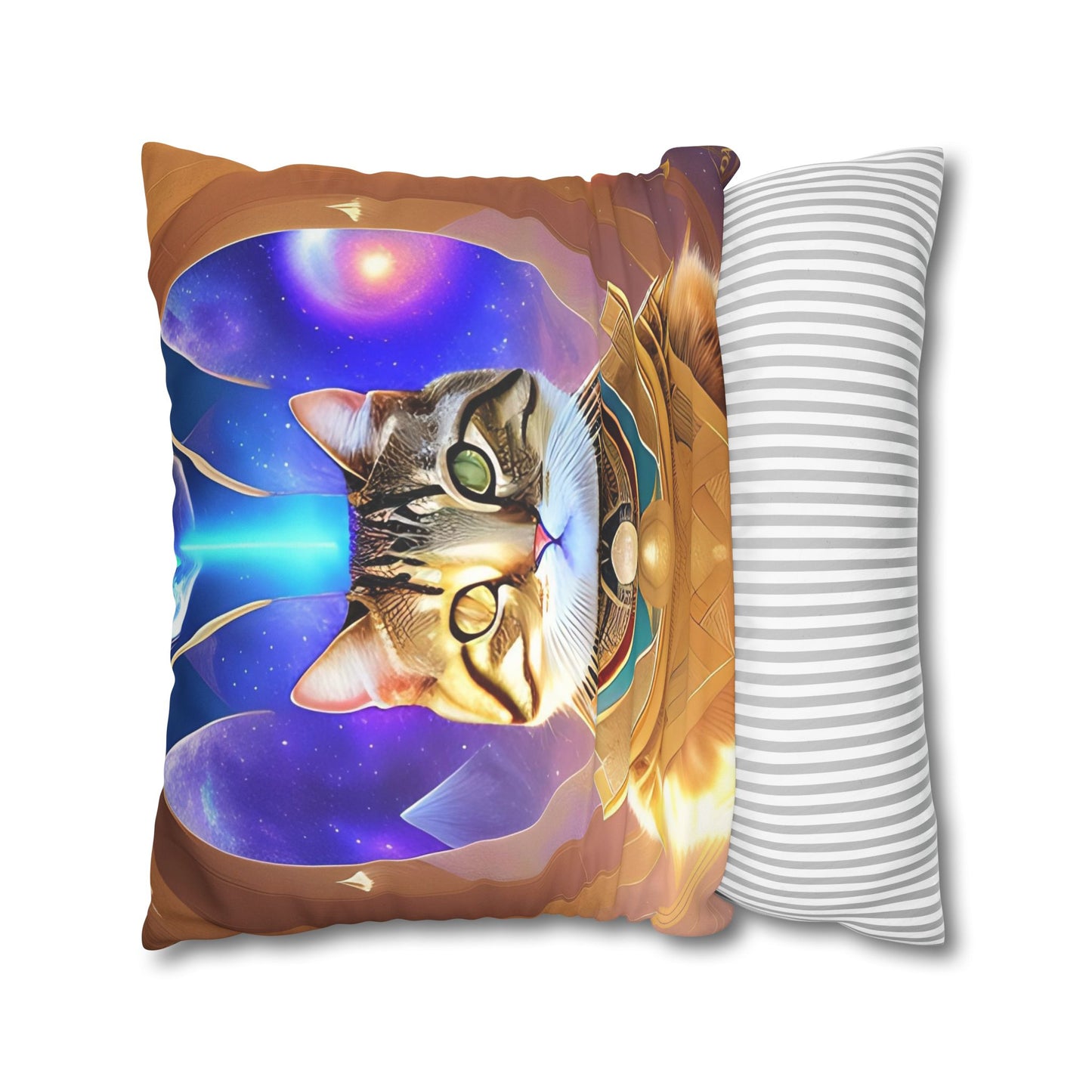 Divine Arts Faux Suede Double-Sided Square Pillow Case in Four Sizes - Fantasy Galaxy Space Cat Lover Male Brown Tabby Cat with Heterochromia in Ornate Golden Armor with Light Blue Hydroplasma Light Beam from Crown Chakra Merkaba Pillow Cover