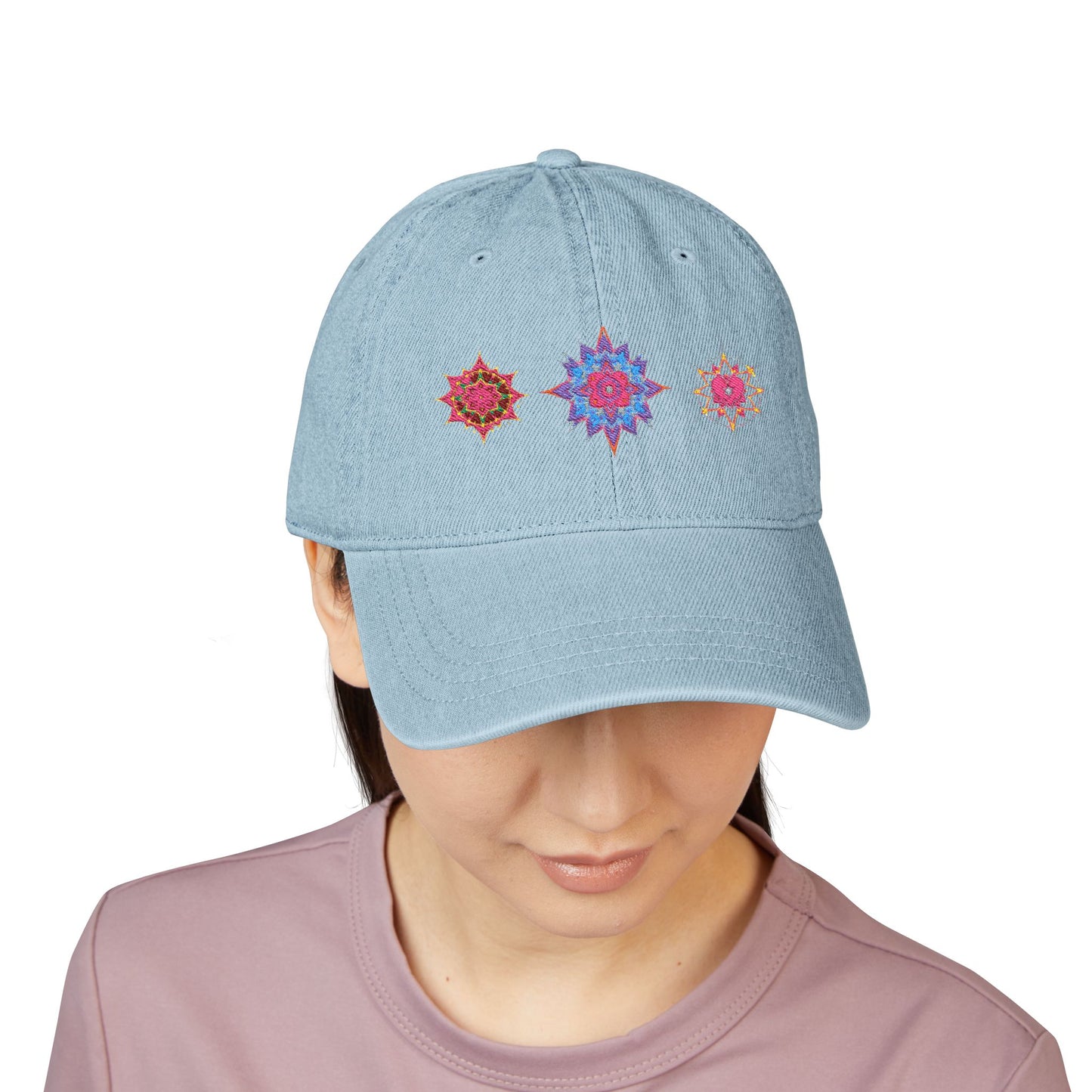 Denim Cap (Embroidery), 100% Cotton, Three Unique Embroidery Merkabas, Neon Galaxy Starry Light, Lotus Jewel Design by Divine Arts