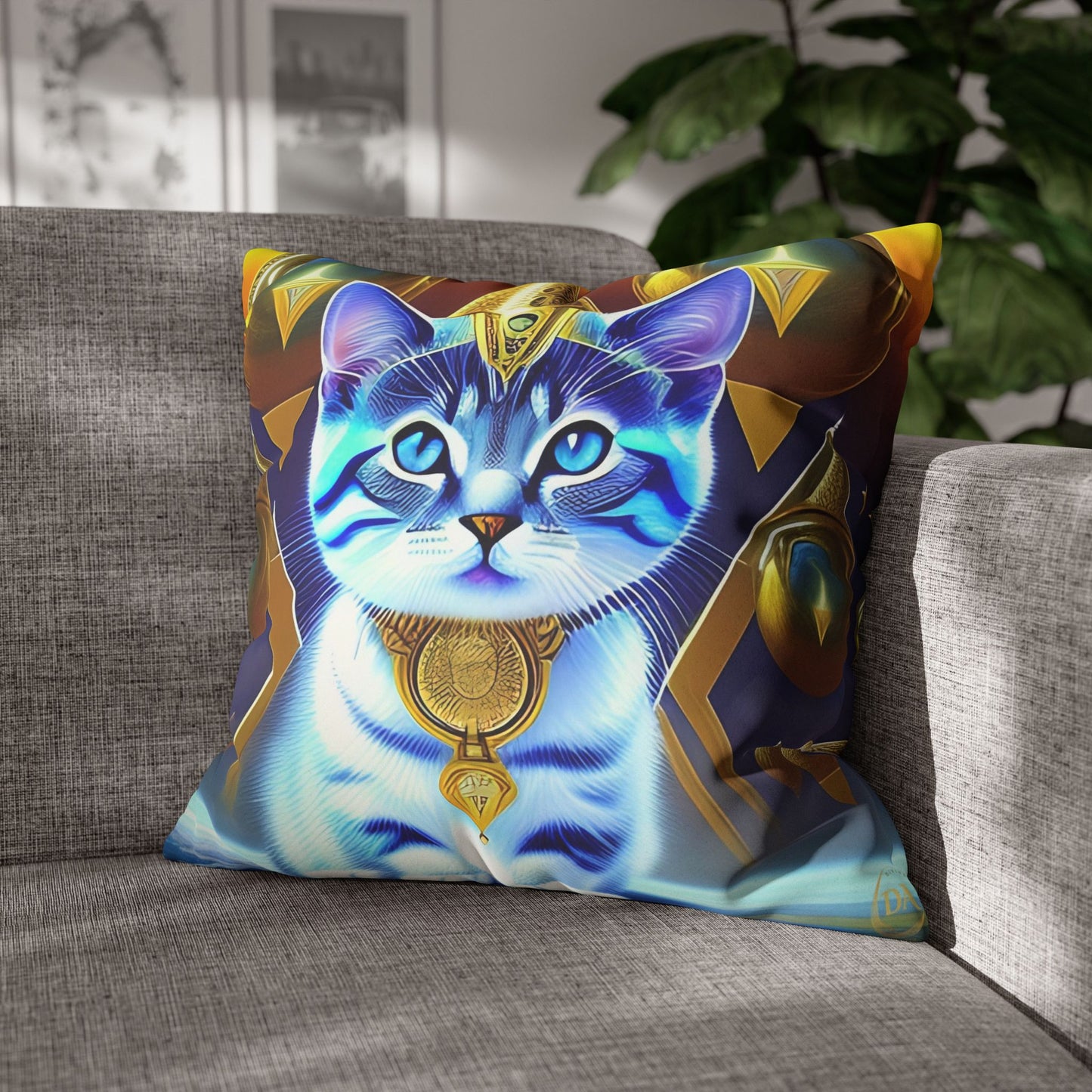 Divine Arts Faux Suede Double-Sided Square Pillow Case in Four Sizes - Fantasy Galaxy Space Cat Lover Male Gray and White Tabby Kitten with Blue Eyes in Golden Merkaba Chamber Wielding the Merkaba