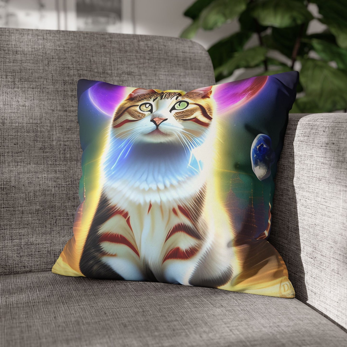 Divine Arts Faux Suede Double-Sided Square Pillow Case - Fantasy Galaxy Space Cat Lover Female Brown and White Tabby Cat with Heterochromia and a Bright Yellow & Purple Aura Spiritual Pillow Cover in Four Sizes