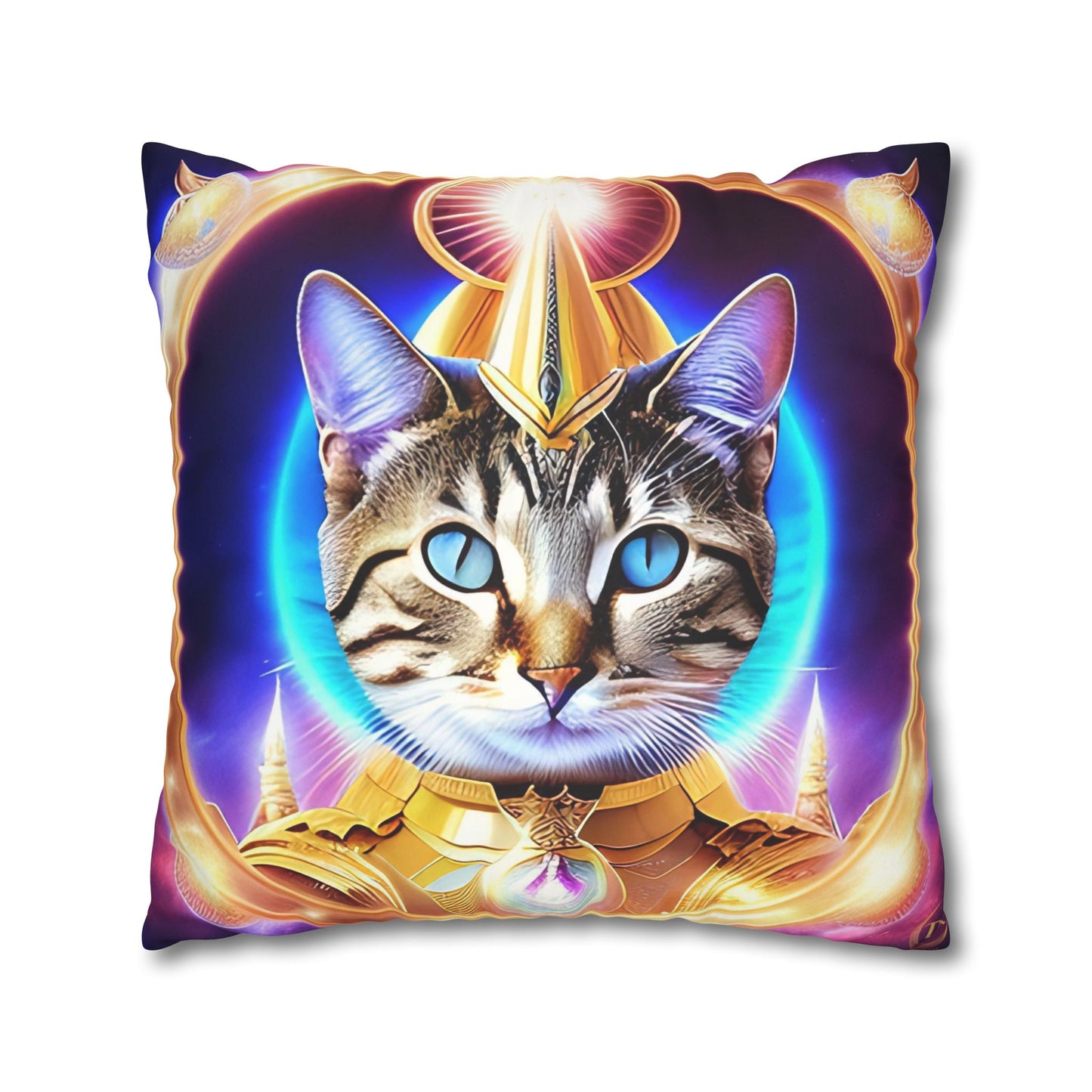 Divine Arts Faux Suede Double-Sided Square Pillow Case - Fantasy Galaxy Space Cat Lover Female Brown Gray Tabby Cat with Blue Eyes in Ornate Golden Armor with Light Blue Maharaic Shied Aura as Realized Merkaba Master Pillow Cover in Four Sizes
