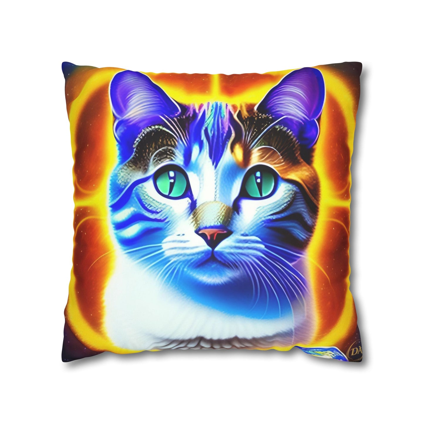 Divine Arts Faux Suede Double-Sided Square Pillow Case - Fantasy Galaxy Space Cat Lover Large Close Up View of the Face of a Female Brown Tabby Cat with Green Eyes With a Pulsing Yellow Orange Aura From Weilding the Merkaba Pillow Cover in Four Sizes