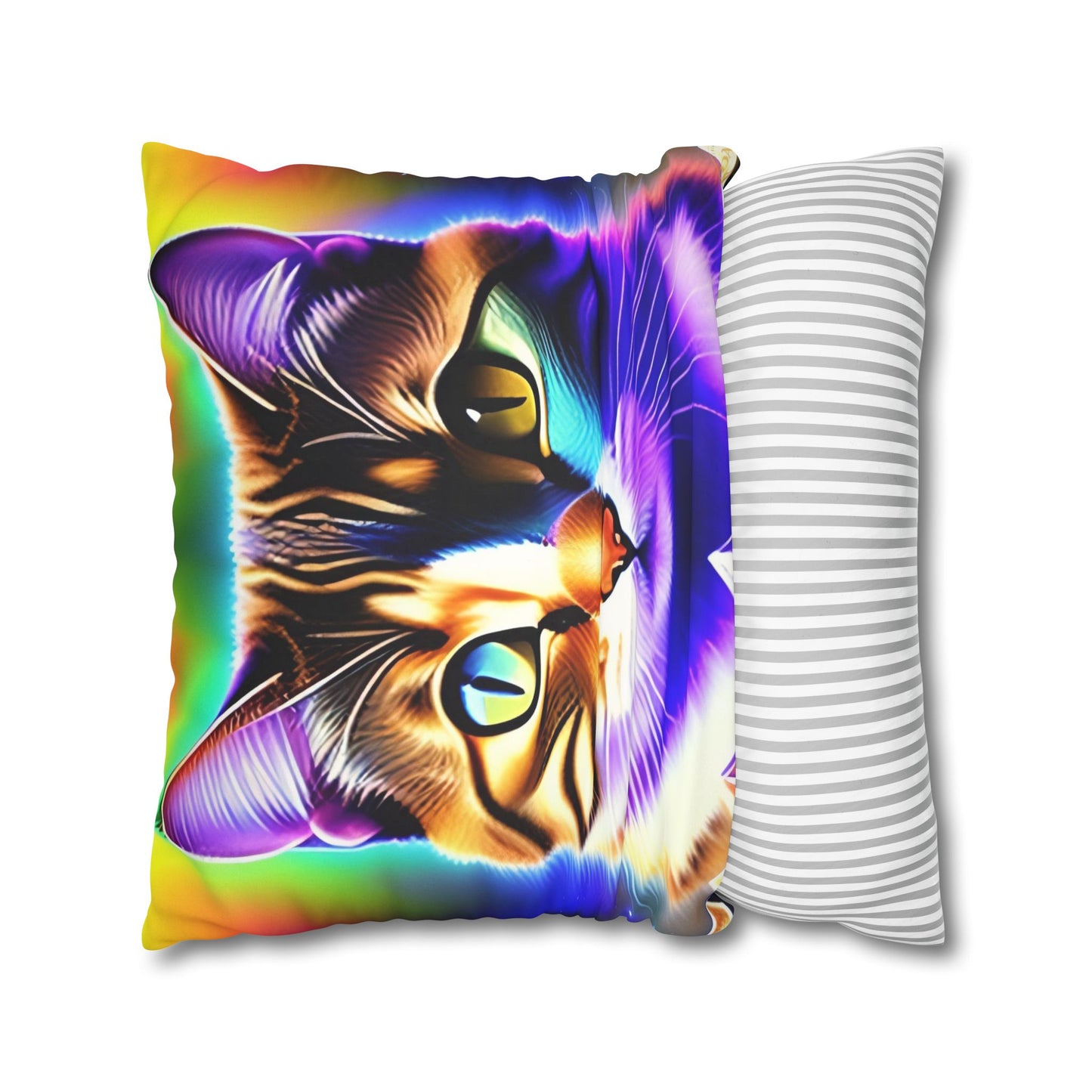 Divine Arts Faux Suede Double-Sided Square Pillow Case - Fantasy Galaxy Space Cat Lover Brown Tabby Cat with Heterochromia Meditating in Rainbow Trance Colors Pillow Cover in Four Sizes