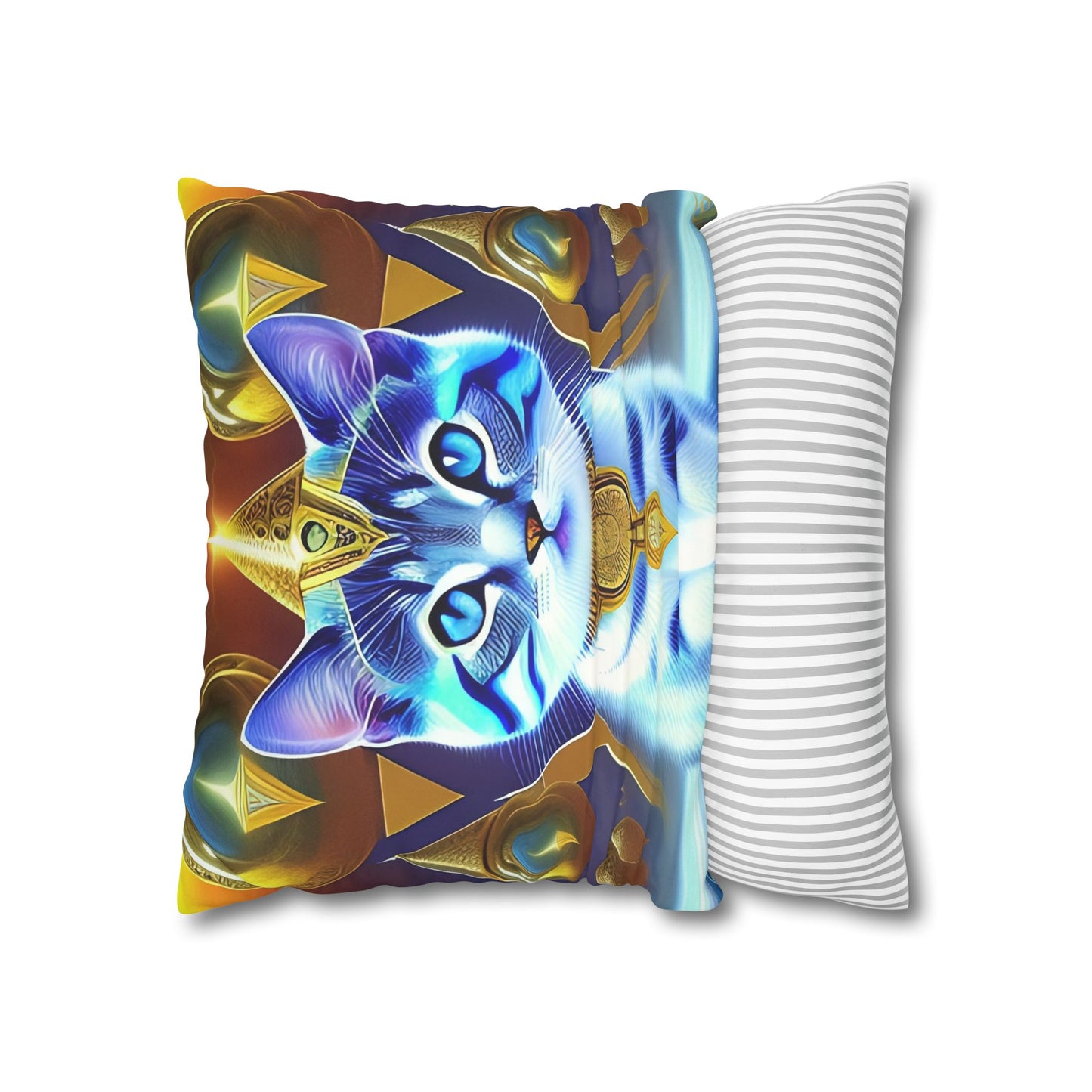 Divine Arts Faux Suede Double-Sided Square Pillow Case in Four Sizes - Fantasy Galaxy Space Cat Lover Male Gray and White Tabby Kitten with Blue Eyes in Golden Merkaba Chamber Wielding the Merkaba