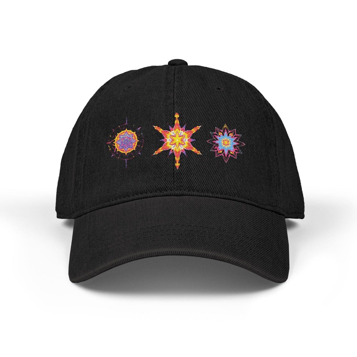 Denim Cap (Embroidery), 100% Cotton, Three Unique Embroidery Merkabas, Neon Galaxy Starry Light, Lotus Jewel Design by Divine Arts
