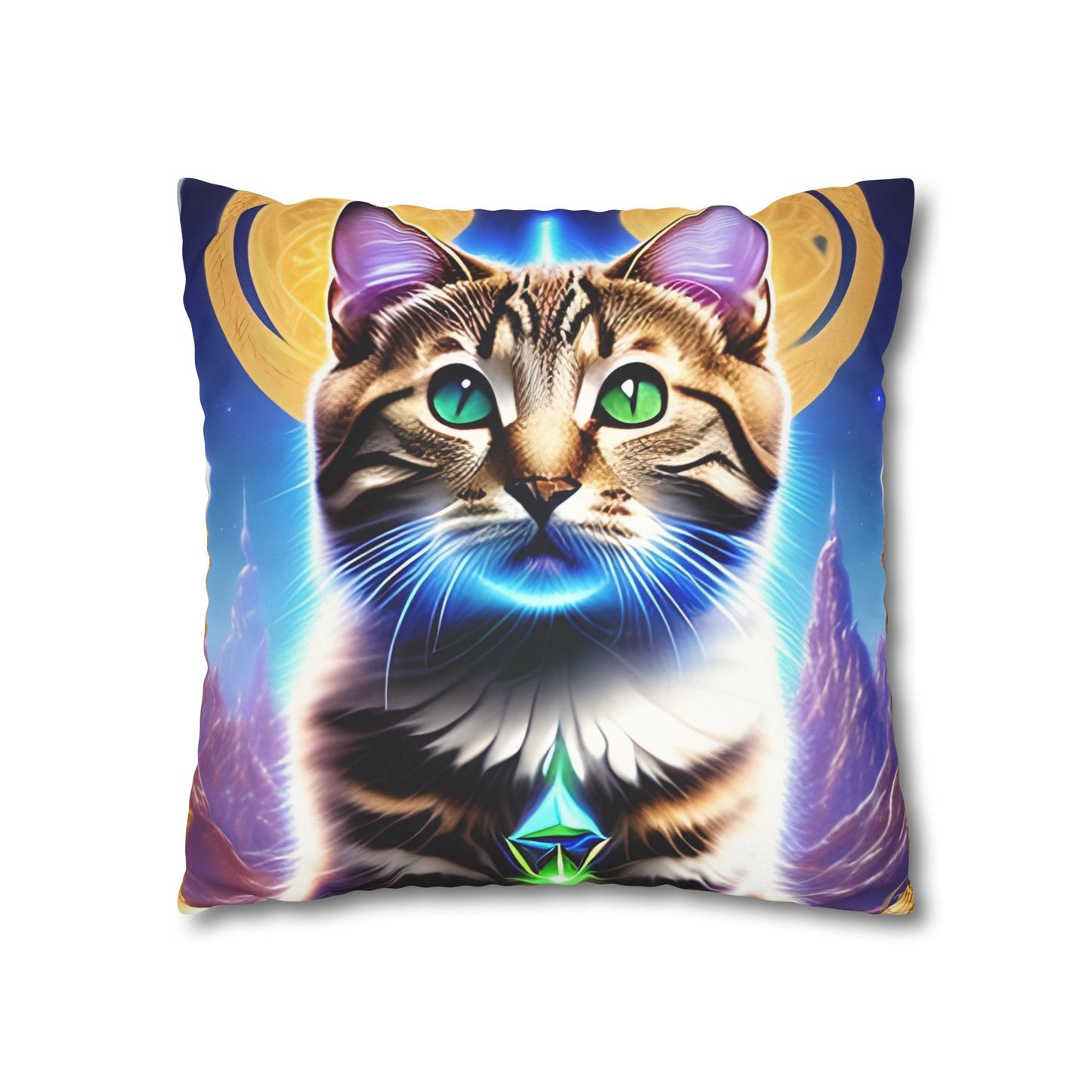 Divine Arts Faux Suede Double-Sided Square Pillow Case in Four Sizes - Fantasy Galaxy Space Cat Lover Male Brown Tabby Cat with Green Eyes Green Merkaba & Golden Aura Plates in Moutains
