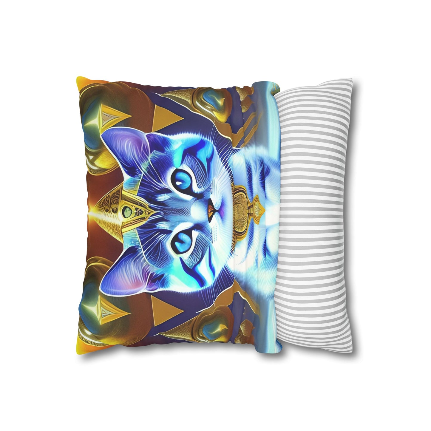 Divine Arts Faux Suede Double-Sided Square Pillow Case in Four Sizes - Fantasy Galaxy Space Cat Lover Male Gray and White Tabby Kitten with Blue Eyes in Golden Merkaba Chamber Wielding the Merkaba