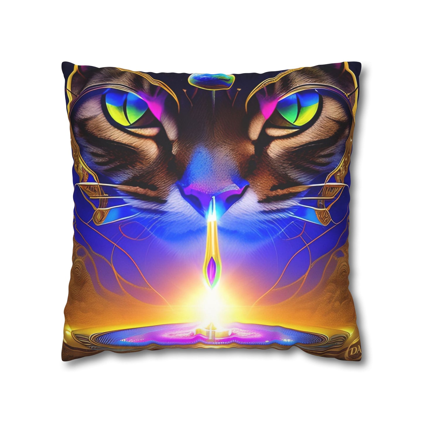Divine Arts Faux Suede Double-Sided Art Square Pillow Case in Four Sizes - Fantasy Galaxy Space Cat Lover Male Brown Tabby Cat with Ornate Golden Face Armor and Magenta Crystal Wielding the Merkaba Pillow Cover